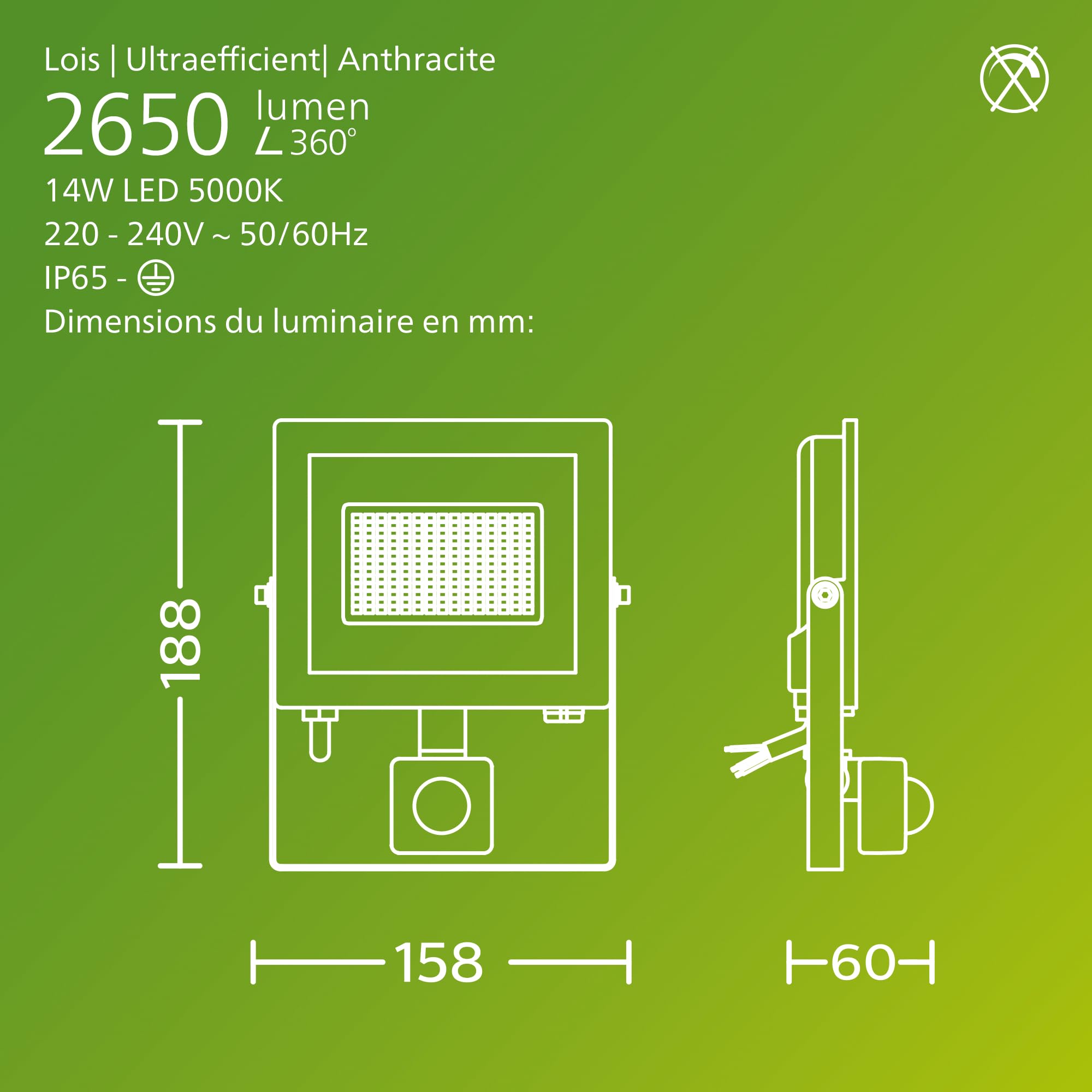 PHILIPS Lois UltraEfficient, Faretto da esterni con sensore, Antracite | 14 W, 5000 K, Durata fino a 50000 h, Rivestimento PowerShield, Resistente all'acqua e alle intemperie, Luce potente