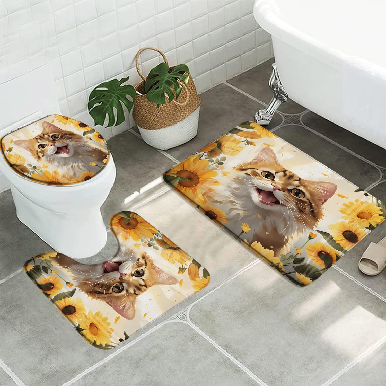 3pcs Cat and Sunflowers Bathroom Sets with Non-Slip Rug,Toilet Lid Cover and Bath Mat,Spring Farmhouse Cute Kittern with Yellow Floral Watercolor Garden Animal Pet Bathroom Carpet Bath Mat Toilet Rugs