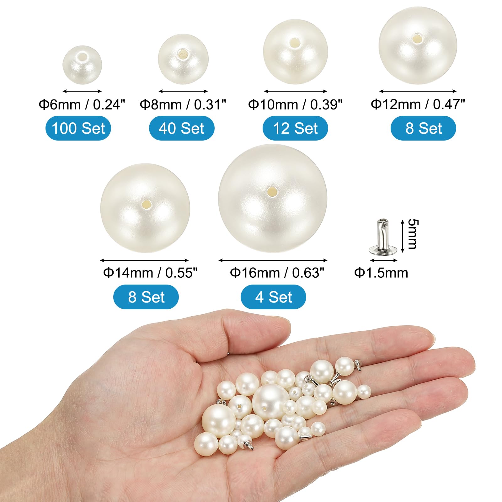 PATIKIL Pearl Studs for Clothing 172 Sets Pearl Spikes for Clothes Faux Pearls Spikes Leather Rivets Buttons Round Plastic ABS for Leather Jacket Crafting Fabric Shoes White - Image 2