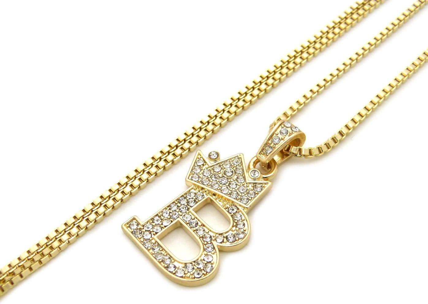 Fashion 21 Unisex Small Size Pave Initial Alphabet Letter Pendant 24" Box Chain Necklace & Earring Set (B Set/Gold)