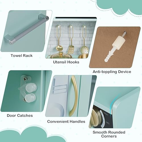 Miniatura 5 de Juego de cocina, juguete de cocina de madera para niños con microondas, nevera, horno fácil de hornear, pizarra y máquina de hielo, juguetes de