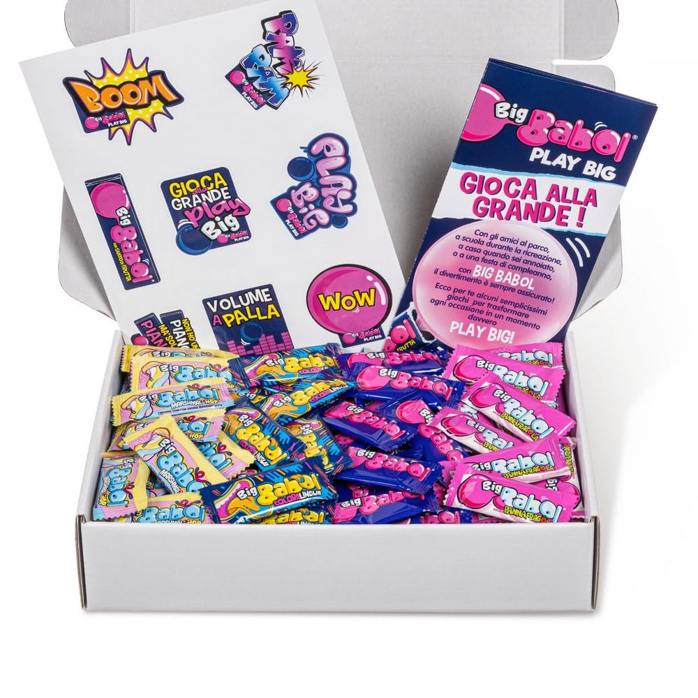 Big Babol Kit Anti-Noia, Variety Pack Chewing Gum, 130 Pezzi Assortiti, Gusto Frutta, Panna Fragola, Coloralingua, Marshmallow, Stickers e Guida al Divertimento, Idea Regalo Natale