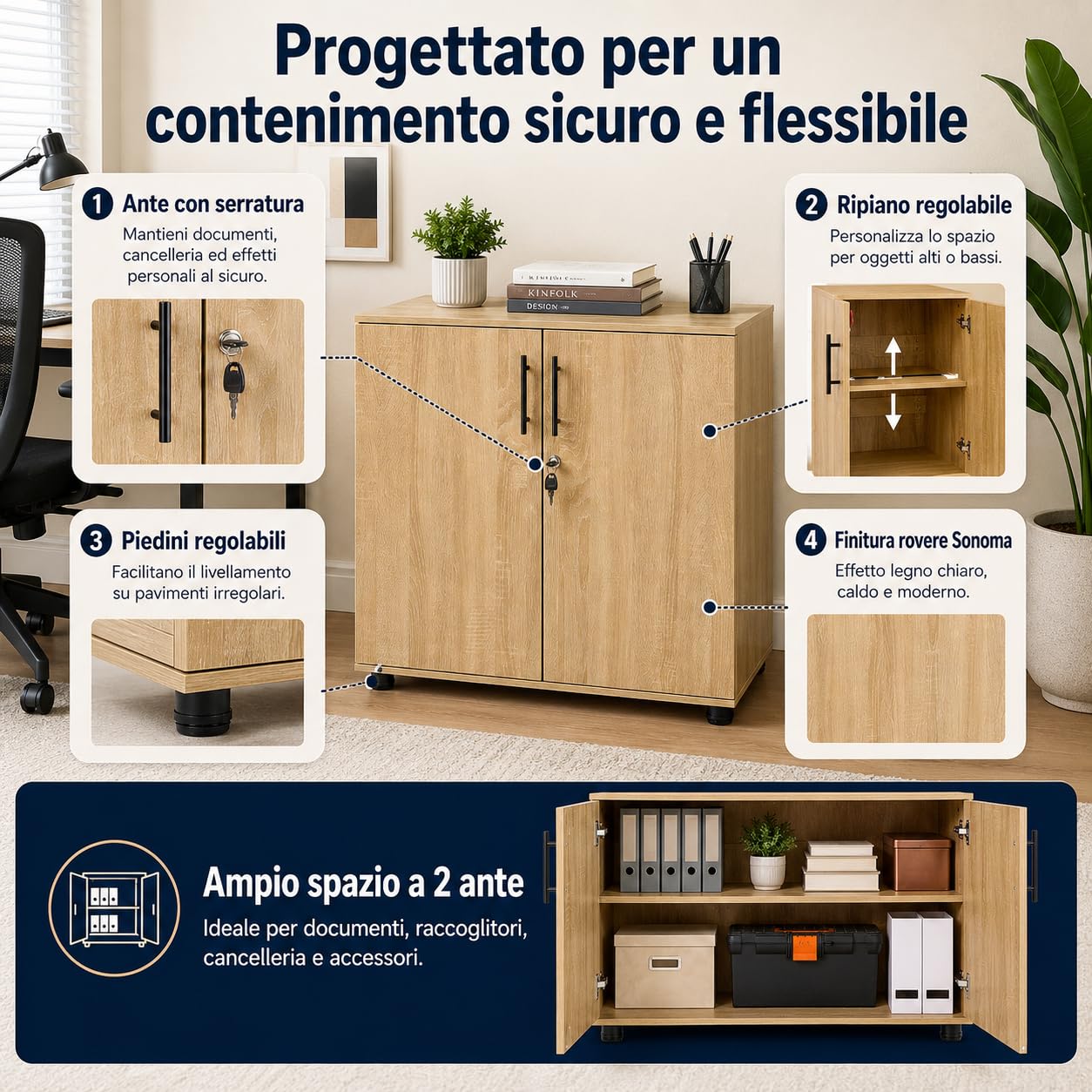 MMT - Armadietto da ufficio in legno di quercia, con ante chiudibili, altezza 75 cm, per mobili da ufficio e garage per riporre attrezzi, armadietti da ufficio sicuri per documenti