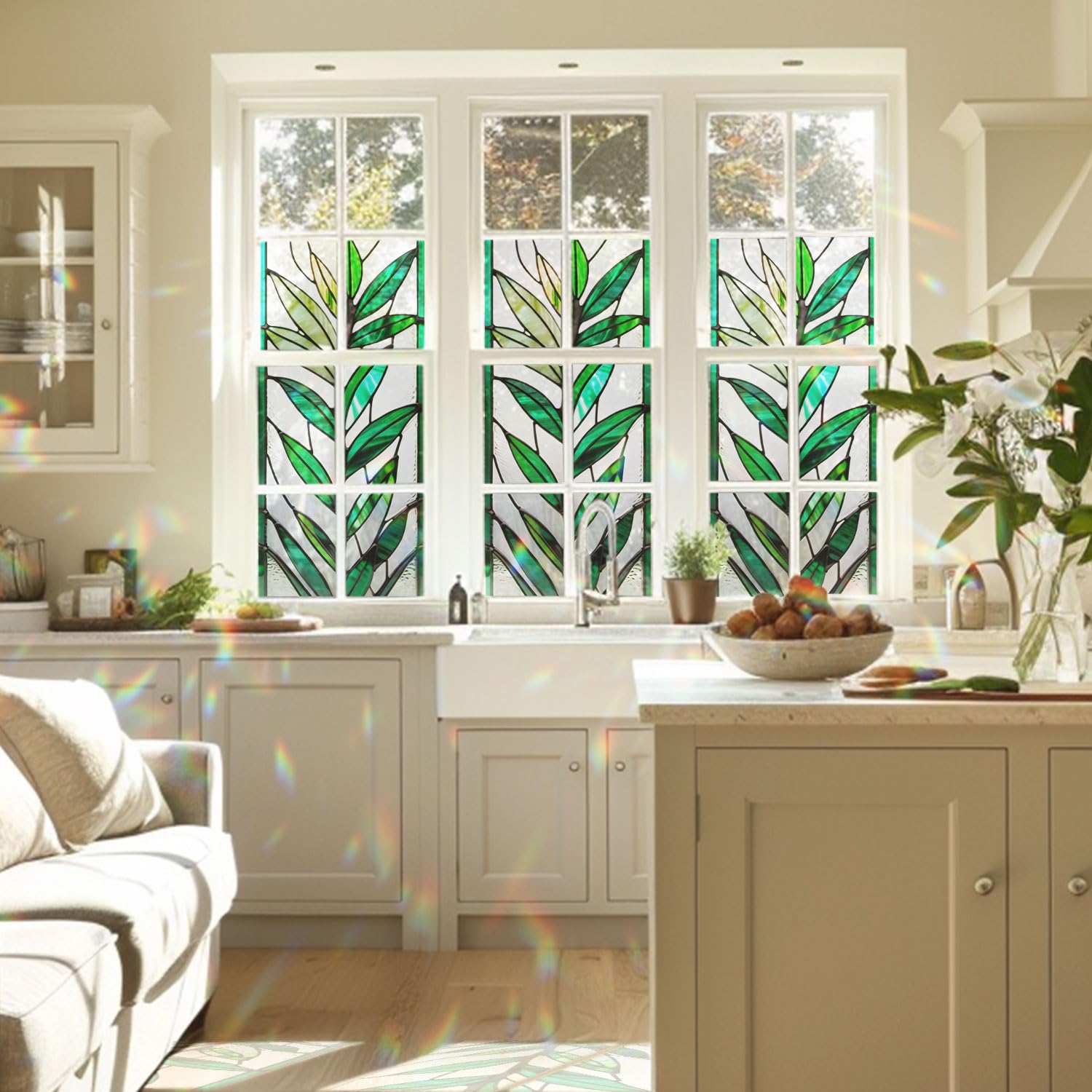 Zamioculcas Zamiifolia Stained Glass Window Film, Decorative Zamioculcas Zamiifolia Stained Glass Window Film, ZZ Plant Stained Glass Window Film for Bathroom Door Heat Anti UV RF04