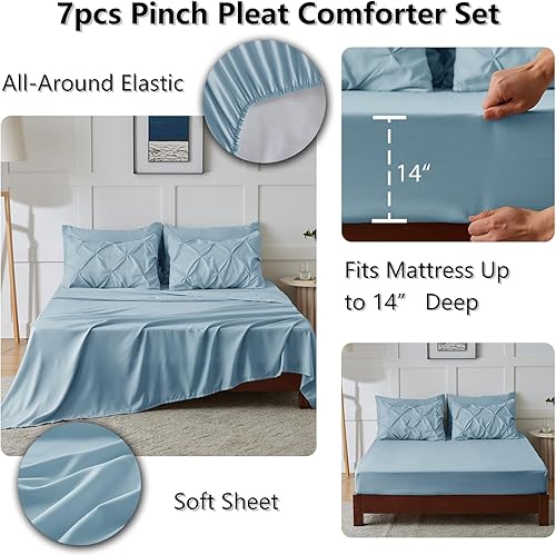 Miniatura 6 de CozyLux Juego de edredón tamaño King  Edredón de 7 piezas tamaño King, color azul claro, ropa de cama con pliegues en una bolsa, juego de ropa de