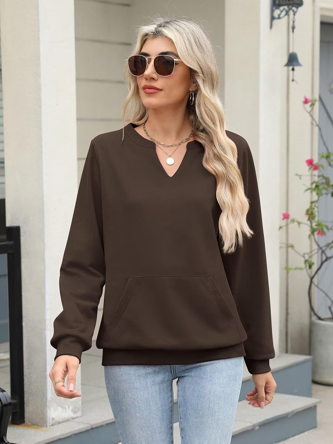 EADINVE Womens Casual Sweatshirts with Pockets Long Sleeve V Neck Lightweight Pullover Casual Loose Fit Tops Fall Clothes - Image 2