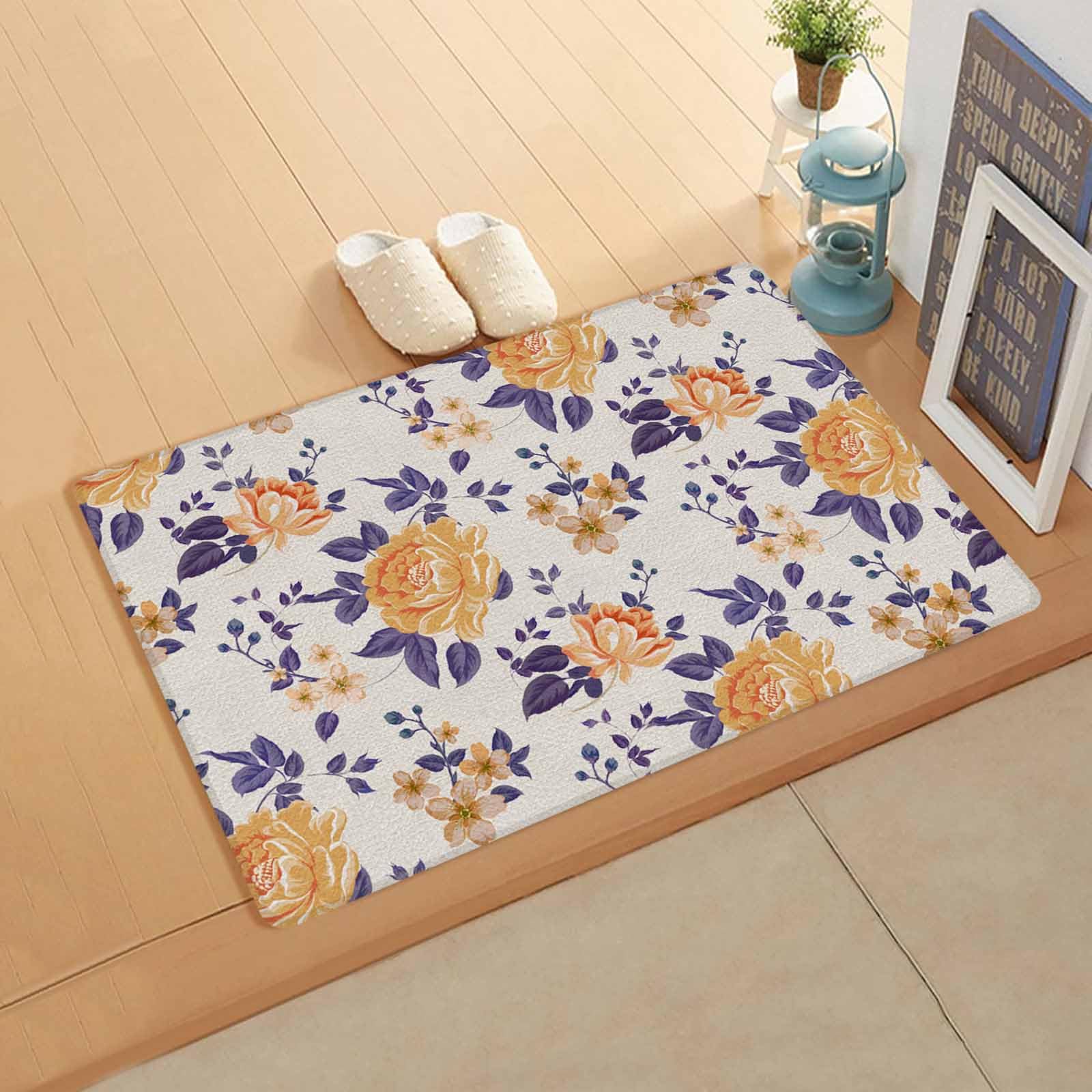 Rustic Floral Kitchen Bath Door Mat Cushioned Runner Rug,Washable Welcome Floor Sink Antifatigue Mat,Waterproof & Non-Slip Comfort Standing Doormat for Kitchen,Watercolor Orange Flower Leaves 24