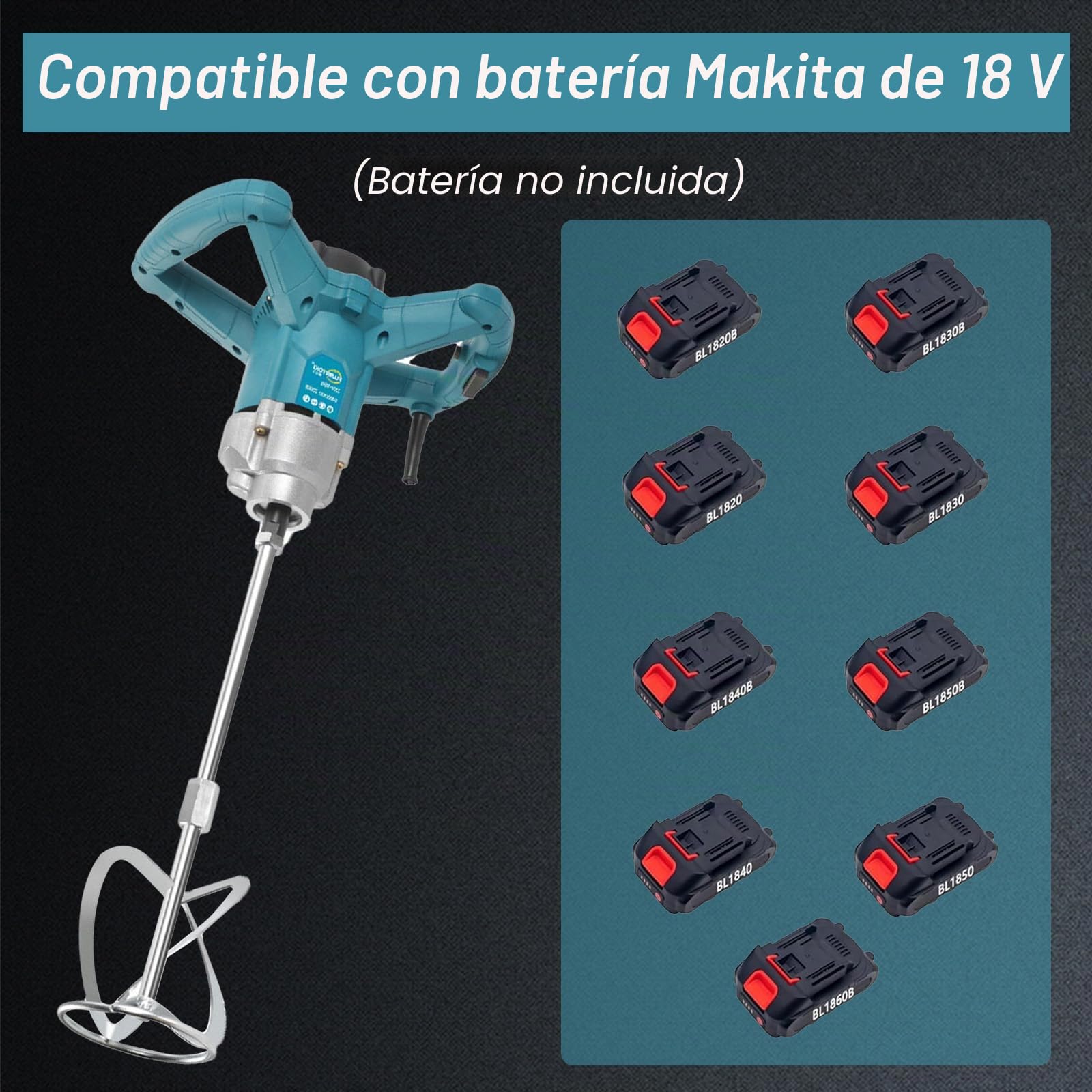 Mezclador de mortero eléctrico con batería recargable Compatible con batería Makita de 18V, mezclador de mortero eléctrico con 6 velocidades, 3200W, máximo 1200 r/min, mezclador de mortero para
