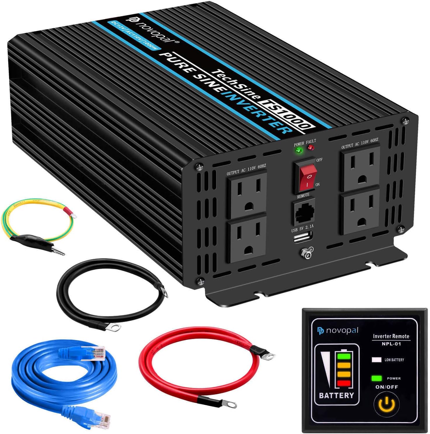 Hot Deals Novopal Pure Sine Wave Power Inverter 1000 Watt 12V DC to 110V/120V AC Converter 4 AC Outlets Car Inverter with One USB Port 16.4 Feet Remote Control and Two Cooling Fans（5th Generation Upgrade）
