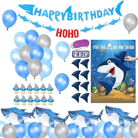 Amazon サメ誕生日パーティー サメバースデー ブルー系 男の子 動物 海 バナー ケーキトッパー ゲームセット ゲームになれる 風船 バルーン 風船 バルーン おもちゃ