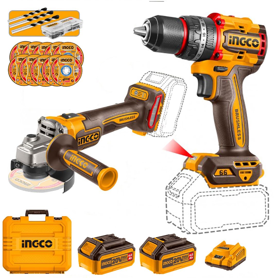 Ingco Ckli20273e Set Smerigliatrice Angolare 115 mm e Trapano a Percussione a Batteria 20 V e 2 Batterie 4 ah in Valigetta