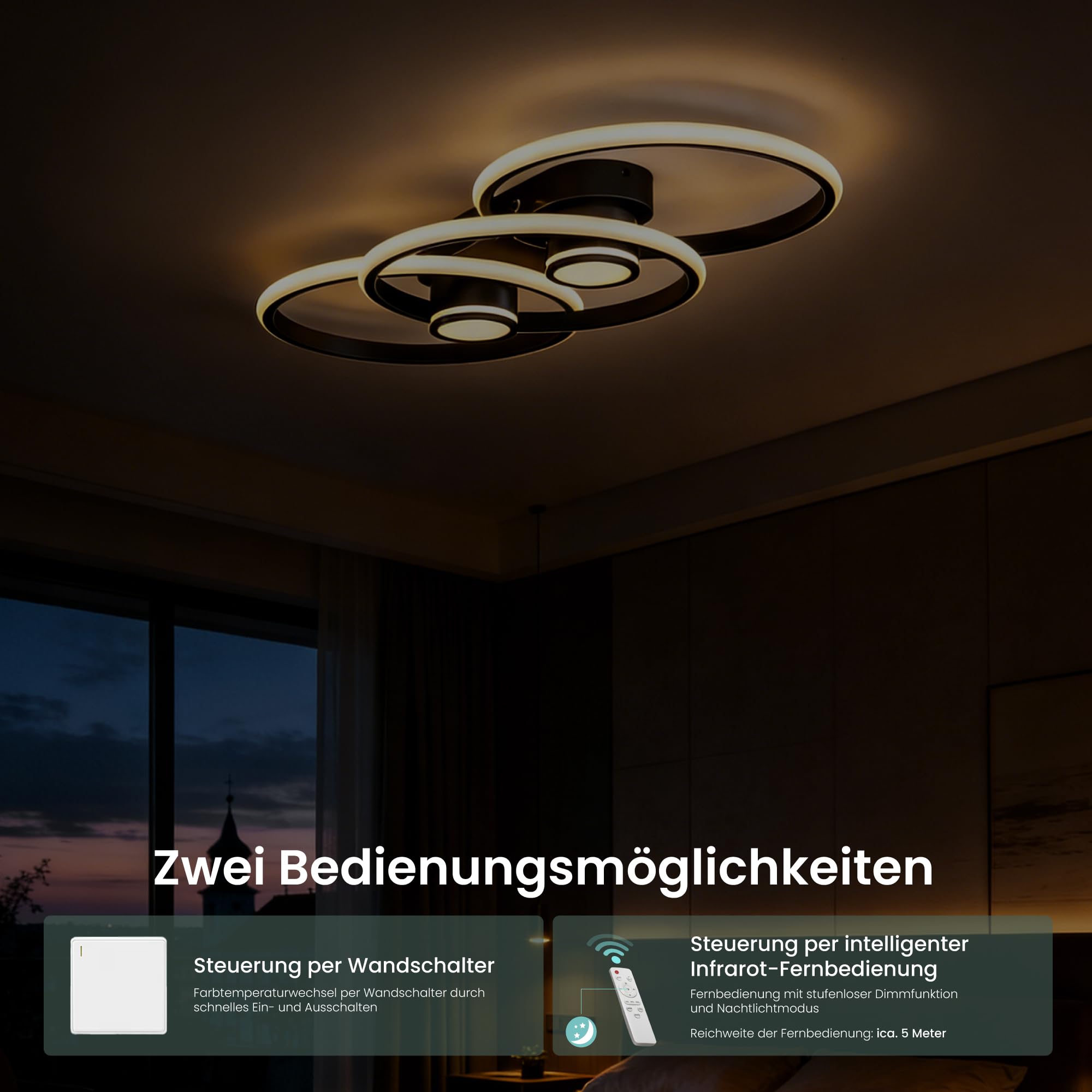 Mai & Mai Plafón LED Negro 70W con Mando a Distancia, 750×325×95 mm, Temperatura Ajustable 3000K–6400K, Estilo Moderno, Acero al Carbono, Aluminio y Silicona, Nuvora02