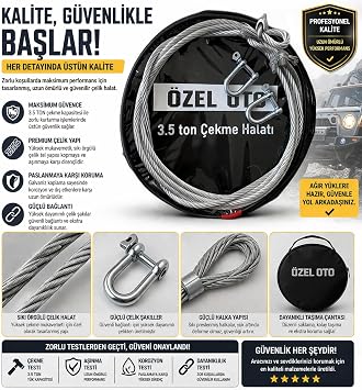 3.5 Ton Çelik Çekme Halatı, Ağır Hizmet Oto Kurtarma Halatı, Yüksek Mukavemetli Çelik Halat, Galvaniz Kaplama Paslanmaz Yapı, Güçlü Şakıllı Bağlantı, Off-Road ve Zorlu Arazi Kullanımı, Güvenli ve Daya