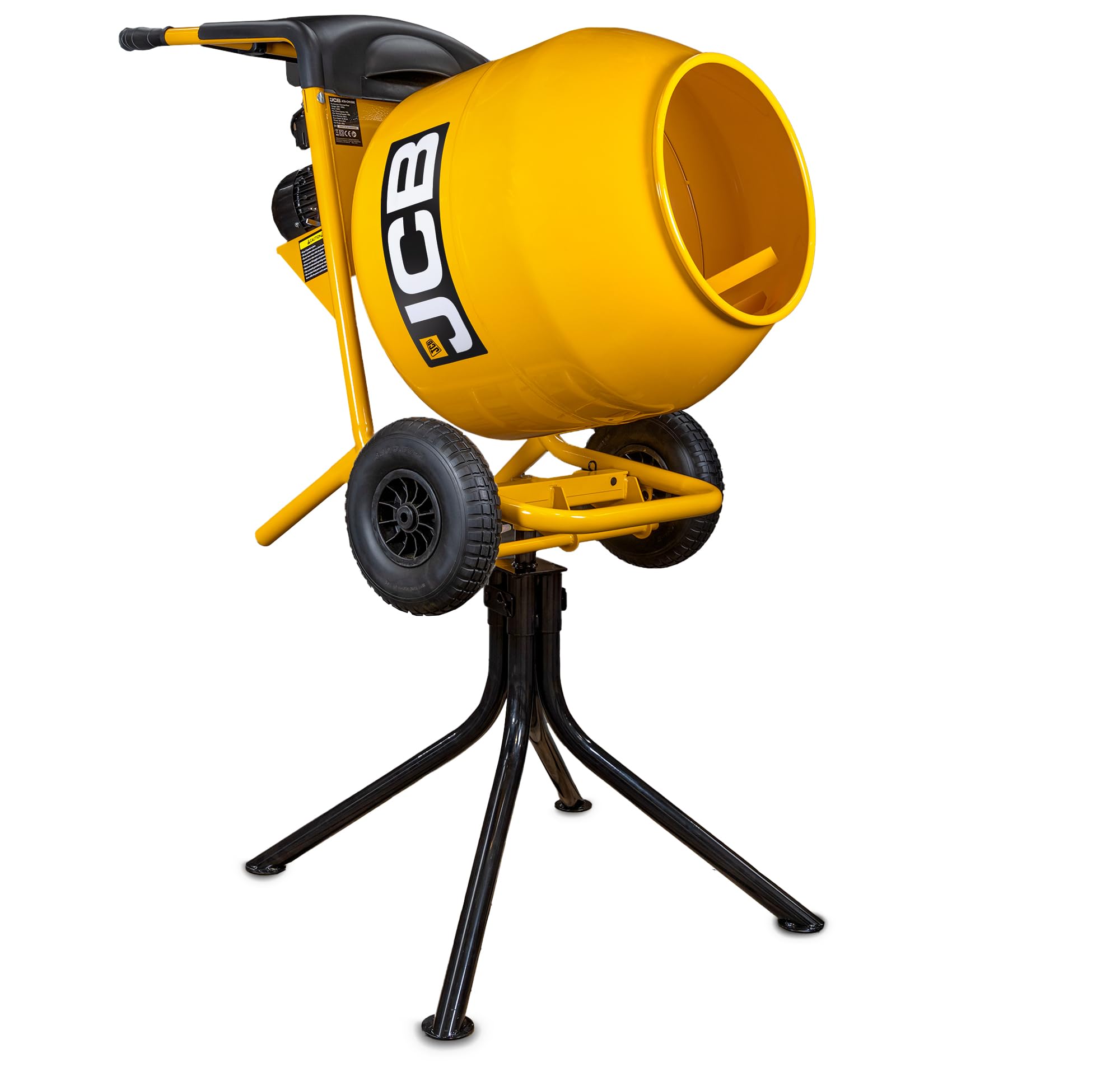 Jcb Yellow Electric Cement Mixer 550W 110V 134L Drum Seam Welded Tip Up Concrete Mortar, 2 Welded Paddles, 100L Mixing Capacity, Three Positions, Removable Stand, 3 Year Warranty