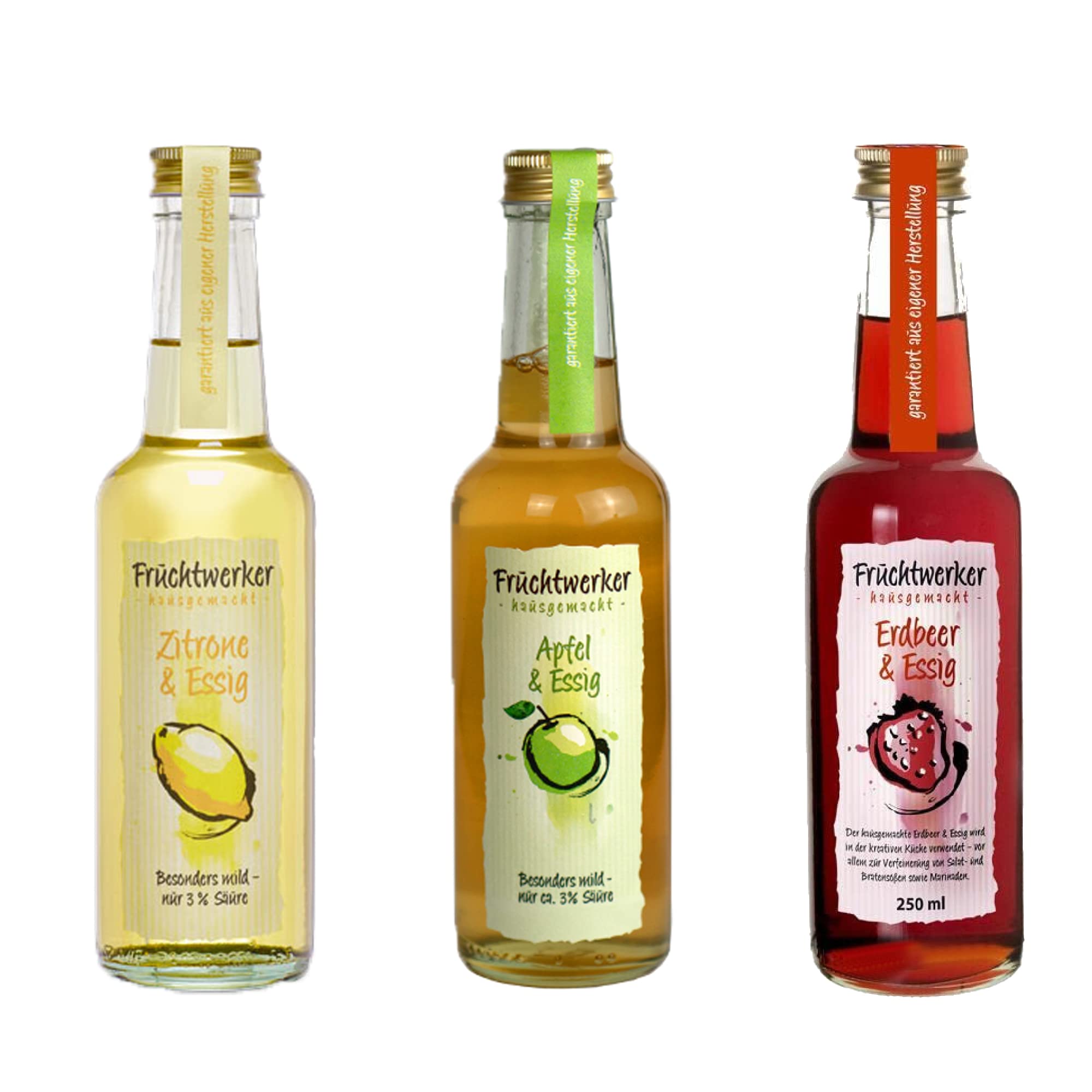 Fruchtwerker Set di aceto e frutta, diverse varietà, fruttato, aceto di frutta, aceto di frutta, set di aceto, puro vegetale, dolce, in bottiglie di vetro (fragola + mela + limone)