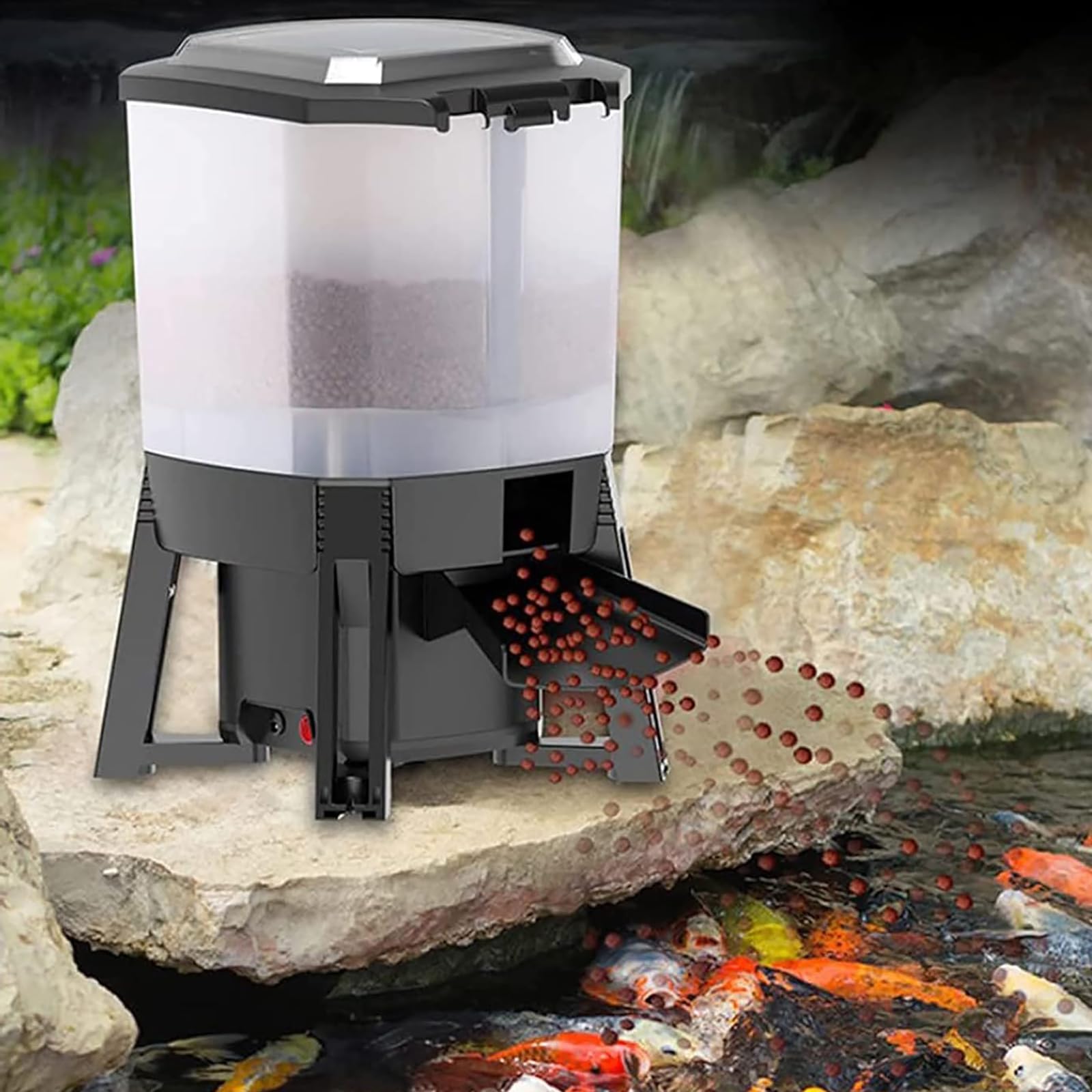Distributore automatico di mangime per pesci, alimentazione a tempo con timer intelligente e design di alimentazione dispersa a 120°, per stagni di pesci interni ed esterni