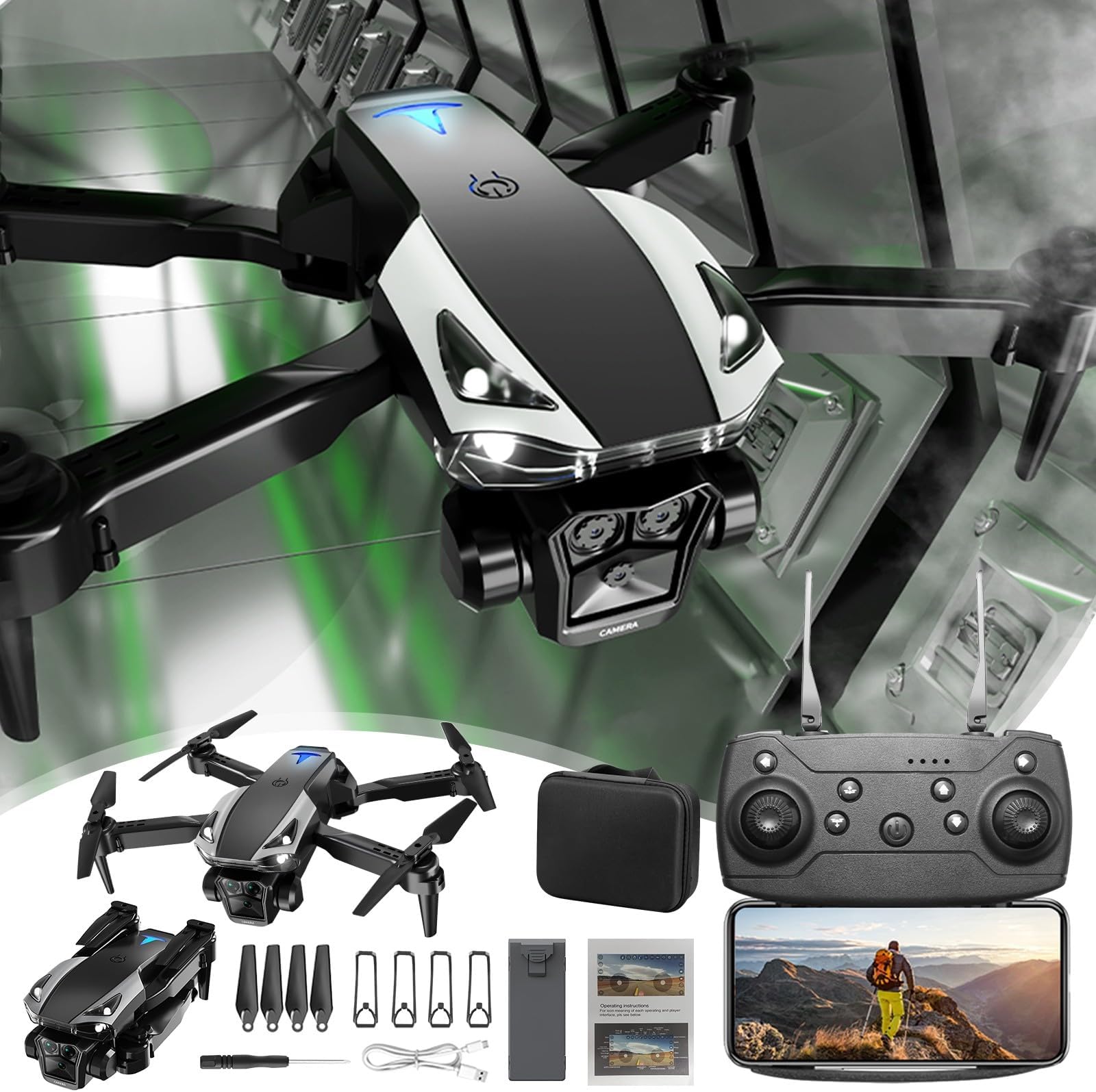 FPV Drone Kit, Brushless Motor Drones, Pray Function, ESC Camera, Quadcopter, LED Lights, Altitude Hold Obstacle Avoidance, Easy to Use, Suitable for Adults, Beginners