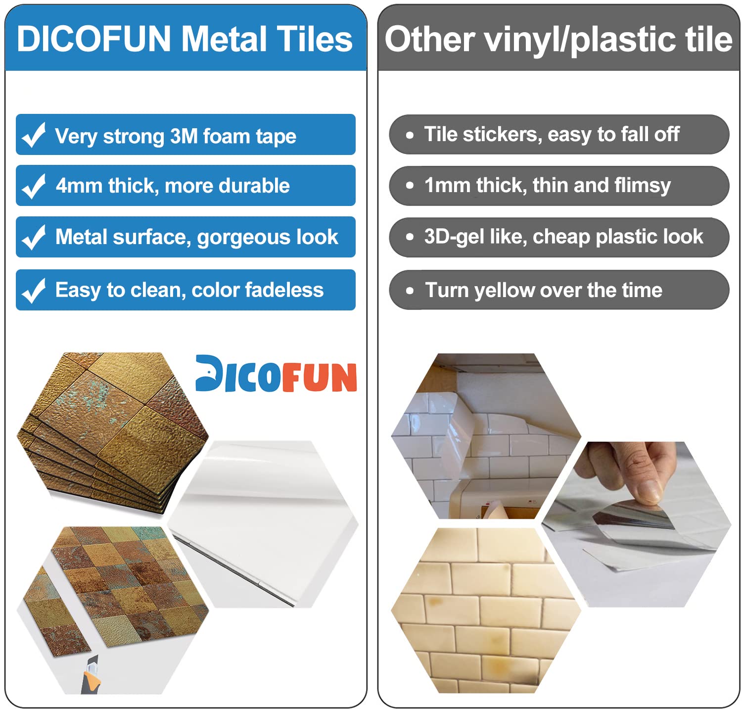 DICOFUN 10 Sheets Peel and Stick Metal Backsplash Tiles, SelfAdhesive Aluminum Mosaic Tile