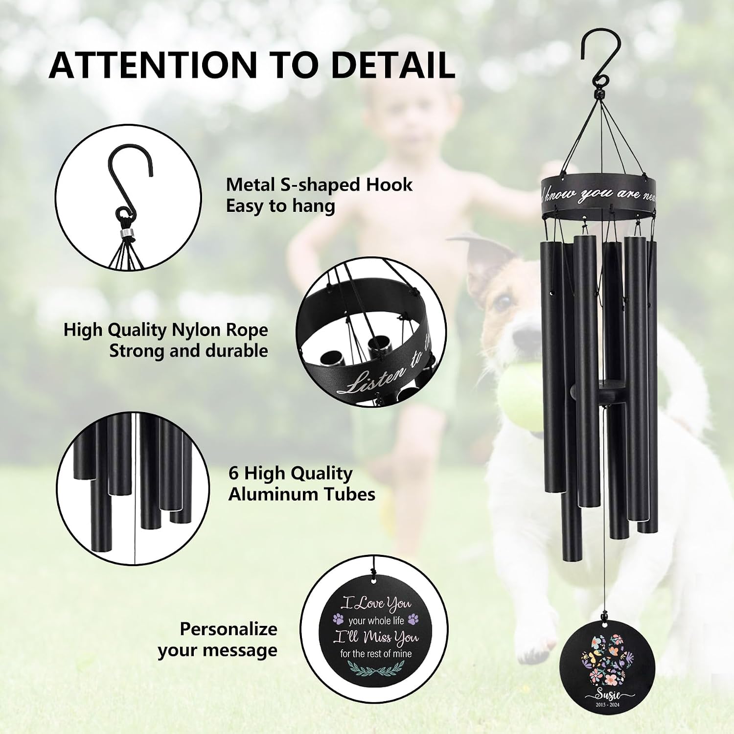 Customized Dog Memorial Gifts for Loss of Dog, Wind Chimes for Loss Pet/Dogs/Cats, Memorial Gifts for Remembrance Lovely Family Members, Deep Tone Personalized Wind Chimes, Produced in USA