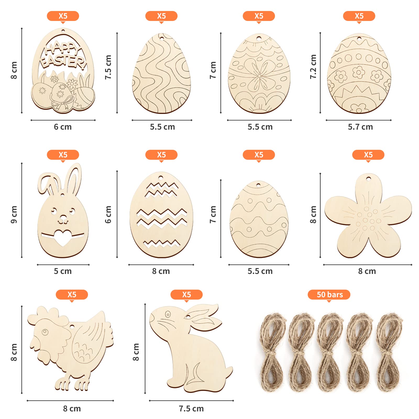 Hinsly Pack of 50 wooden Easter pendants for hanging Easter decoration, Easter crafts for children unfinished wooden pendants - Image 4