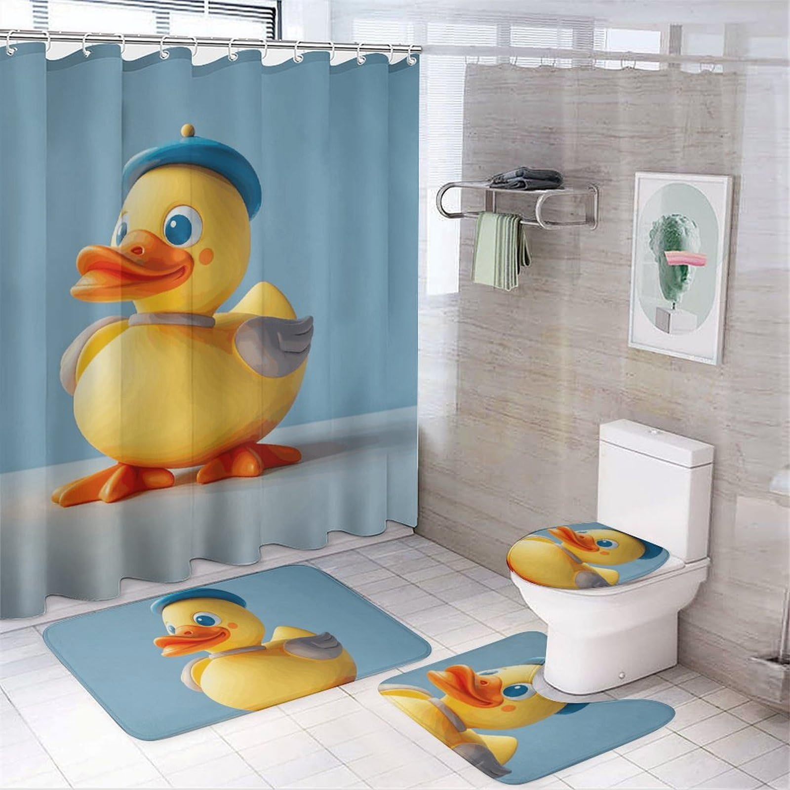 Rideau de douche canard diorama avec tapis de bain et couvercle WC