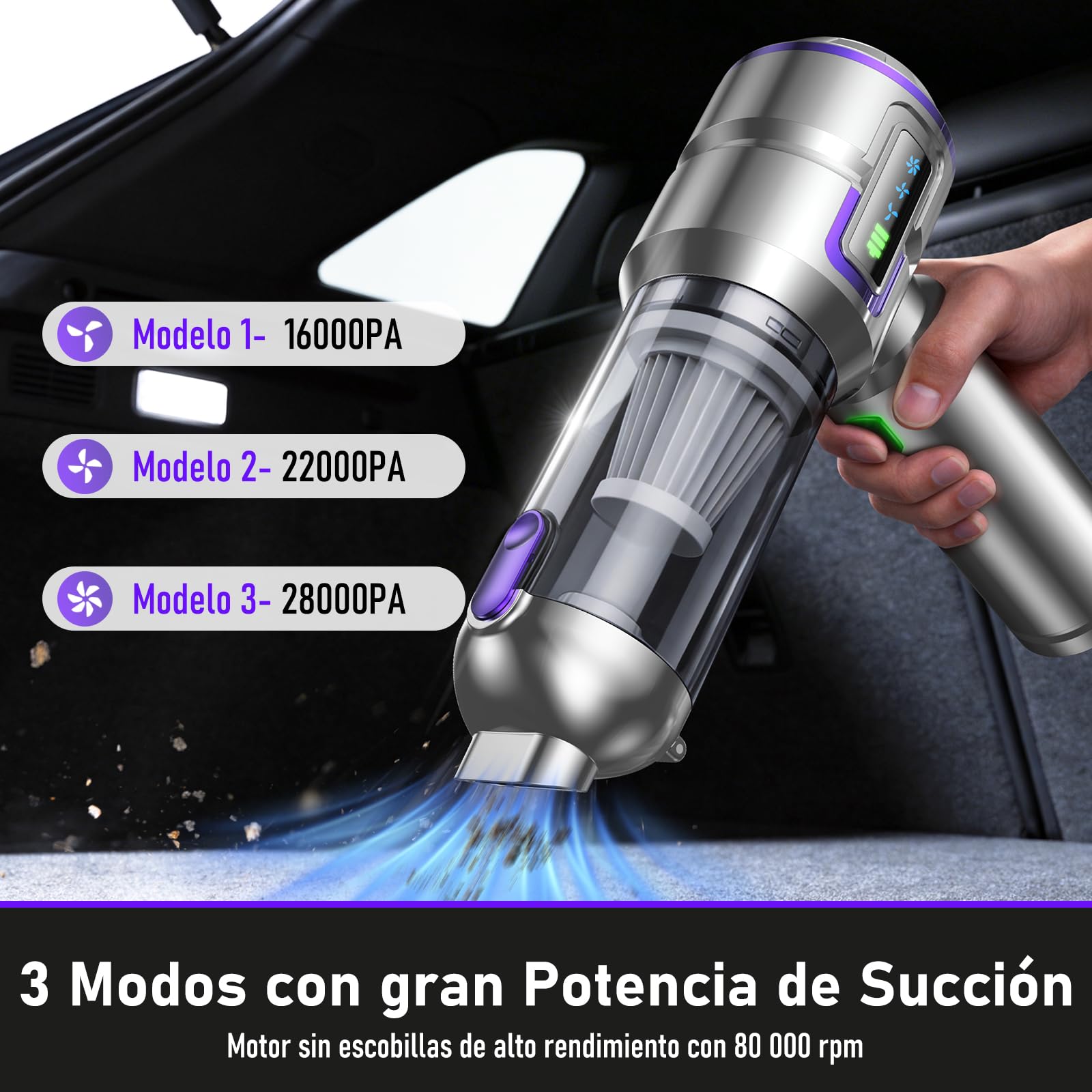 Aspiradora de Mano, 28000Pa Aspiradora sin Cable con Pantalla, 4-en-1 Aspiradora para Coche y 1 Toque, Auto-Aspirador con Motor sin Escobillas y 3 Velocidades para Casa/Oficina/Coche/Pelos, Plateado