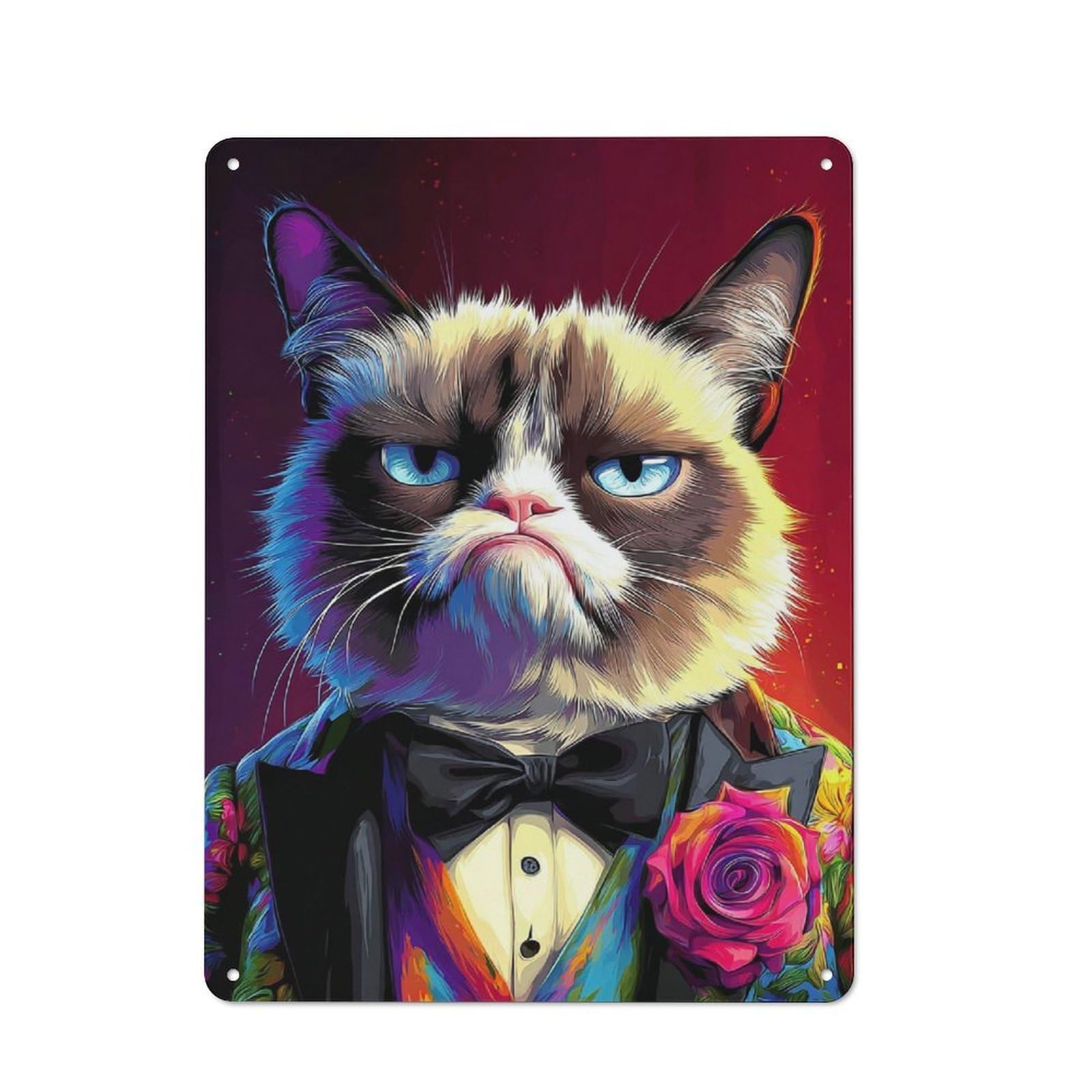Junmoney Colorful Cat In Tuxedo With Rose Vintage Bistro Metal Sign 40X30cm, Bistro Wall Plaque For Takeaway, Bar, Kitchen Or Counter Area