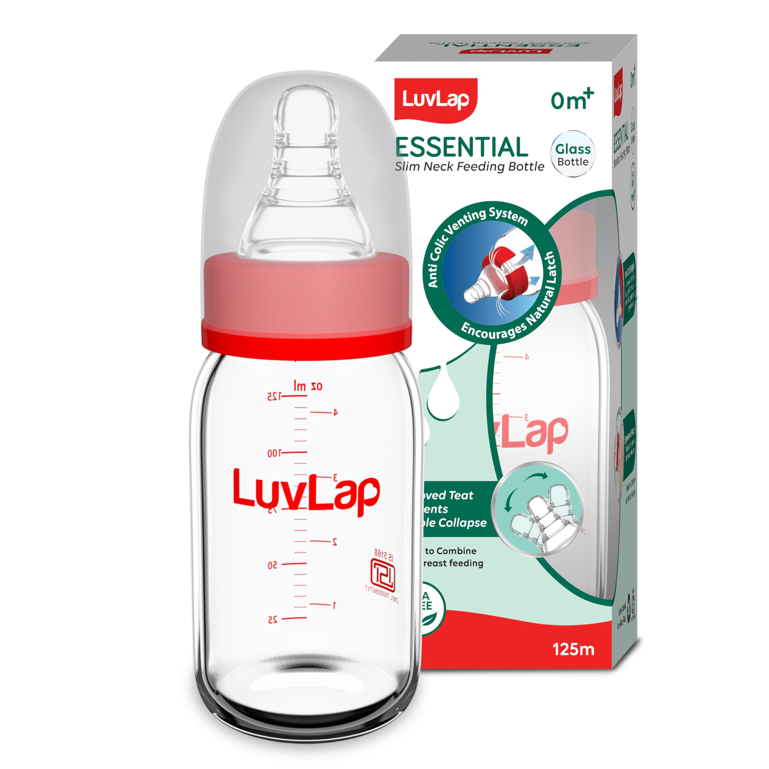 LuvLap Essential Slim Neck Glass Feeding Bottle, 125ml, 0m+/Babies Upto 3 Years, Made of Borosilicate Glass, BPA Free, Ergonomic Shape is Easy to Hold, with Anti Colic Nipple, White & Red, Pack of 1