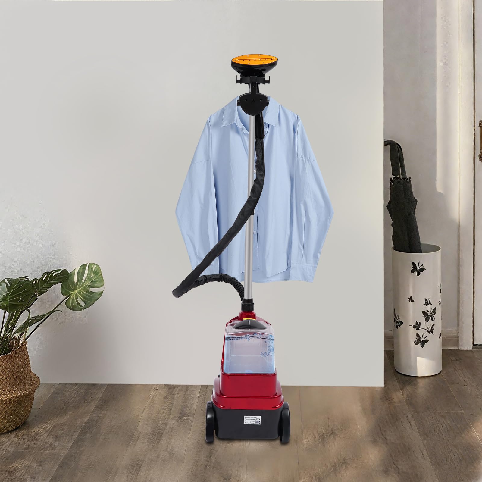 Plancha de vapor vertical de 2500 W (70 g/min), depósito de agua de 3 litros y altura ajustable (0,8 – 1,8 m), cepillo de vapor de 3 niveles con tiempo de calentamiento de 50 segundos, vapor rojo