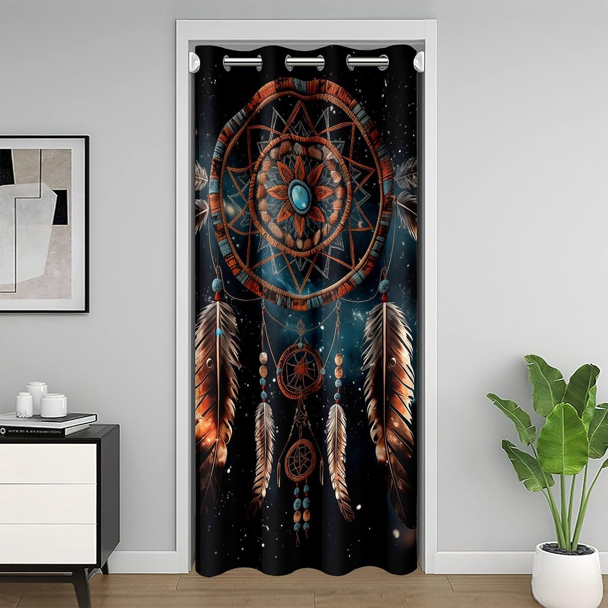 Feelyou Dreamcatcher Girls Door Cover Curtain 1 Panel, 34"x80" Boho Dream Catcher 30%-50% Blackout Insulated Thermal Curtain Bohemian Doorway Curtain Privacy Indian Hippie Feather Window Treatments