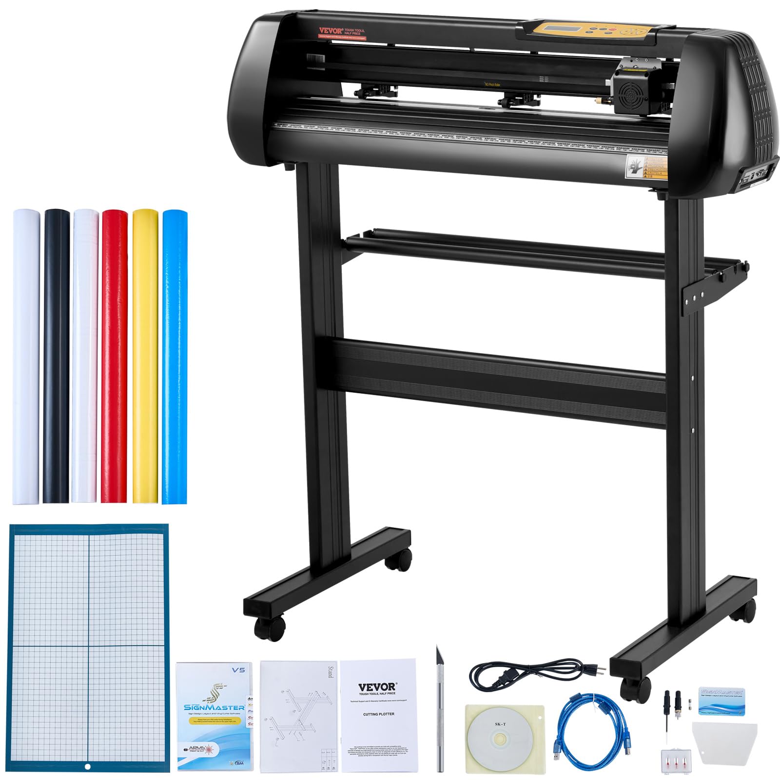 VEVOR Vinyl Schneidemaschine Schneideplotter 720 mm SignMaster Bodenständer, Schnittkraft 10-500 g, Schrittmotor, fünf Vinylrollen, 16 MB, 13,5 kg, Schwarz, 95 x 52 106 cm