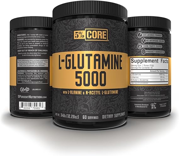 5% Nutrition Core L-Glutamine 5000 mg Supplement + L-Alanine (Unflavored) | Amino Acid Muscle Builder for Post Workout Recovery, Immune & Digestive Support (60 Servings)
