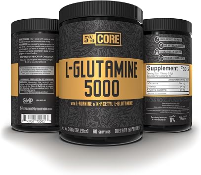 5% Nutrition Core L-Glutamine 5000 mg Supplement + L-Alanine (Unflavored) | Amino Acid Muscle Builder for Post Workout Recovery, Immune & Digestive Support (60 Servings)