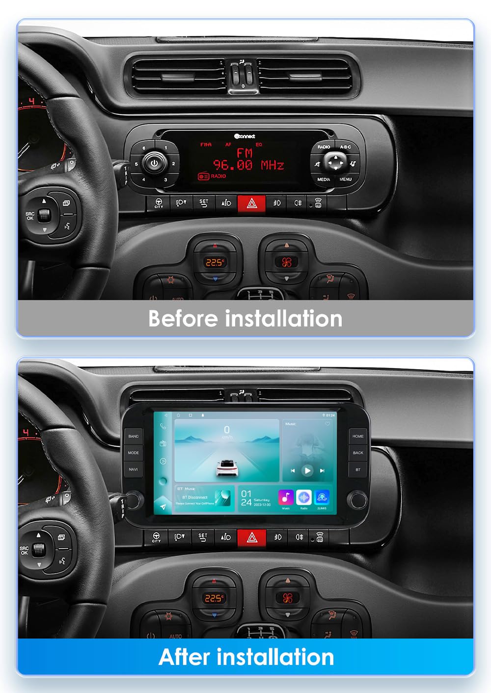 Android 14 Autoradio 9 pollici Touchscreen 4 core per Fiat Panda 2013-2024 WiFi Wireless Android Auto & Wireless Carplay Bluetooth WiFi 4G GPS RDS AM/FM