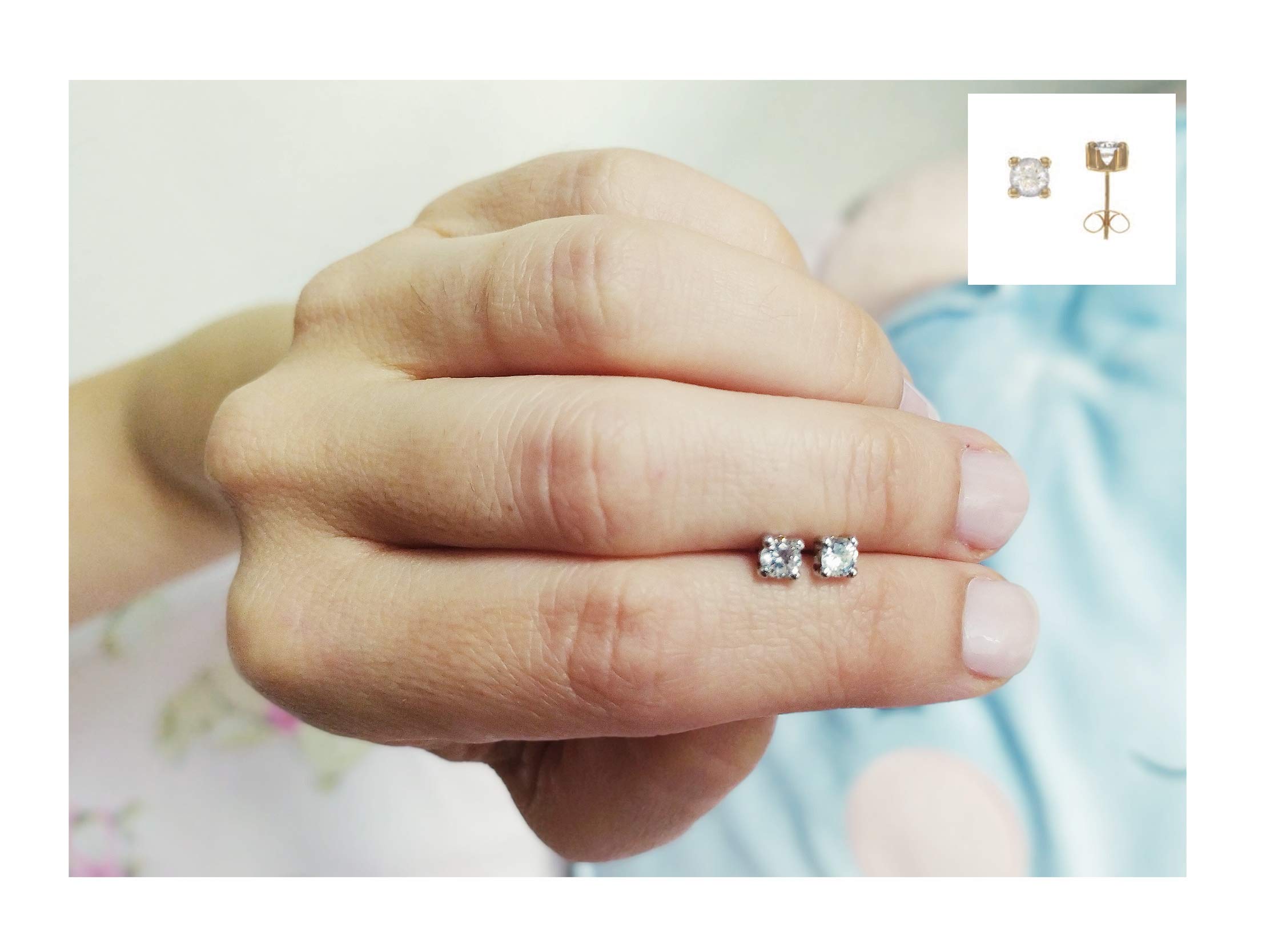 Topibaby Pendientes de bebe/niña en oro 18k, redondo Con garras de 4mm con circón. Rosca de seguridad antipinchazos.