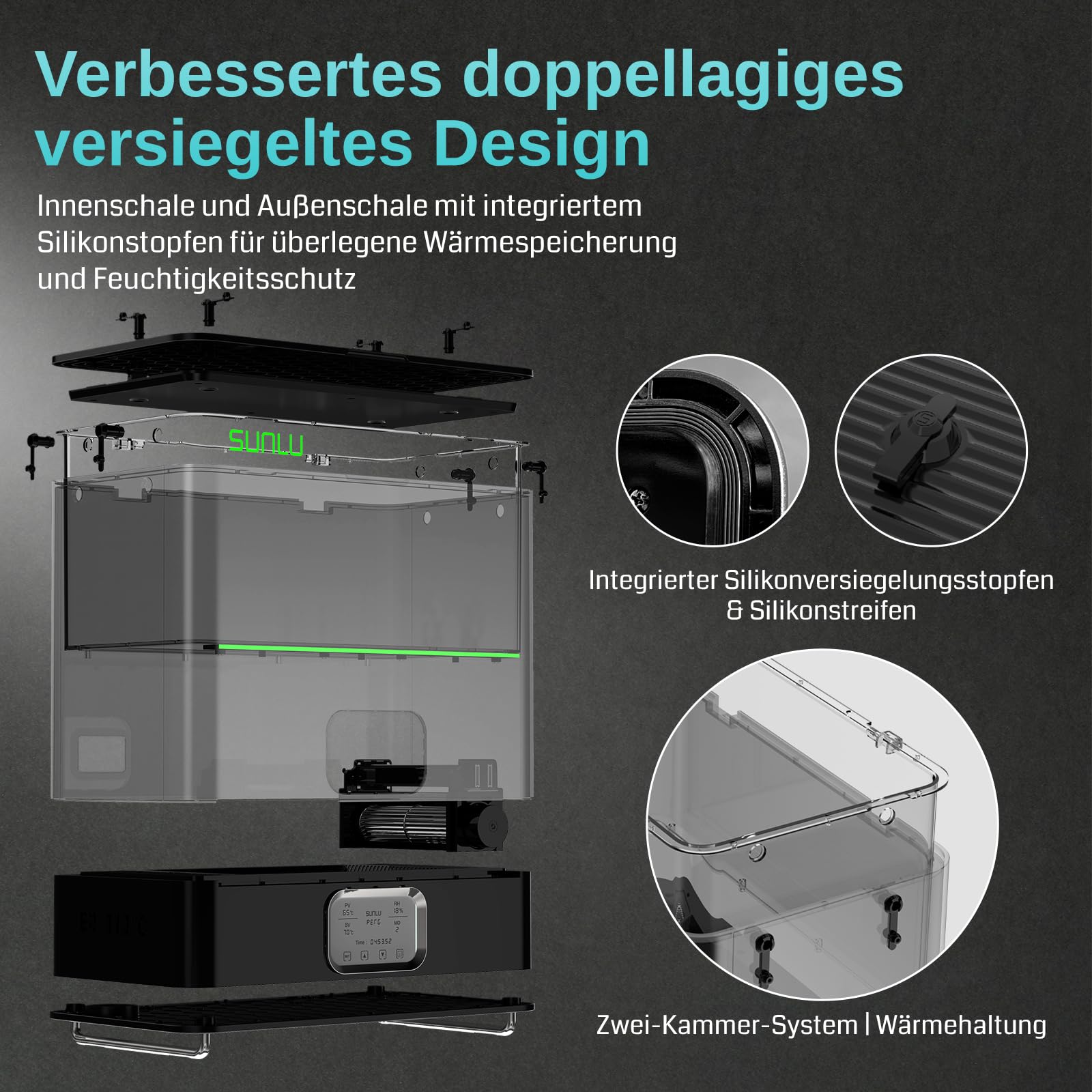 SainSmart SUNLU E2 Filamenttrockner Box, 110°C Max. Temperatur, 500W PTC-Heizung, 3-in-1 Trocknen + Tempern + Entfeuchten, Doppelkammer mit Dichtung, kompatibel mit PLA, ABS, PC, PA-CF, GF, FR-ABS