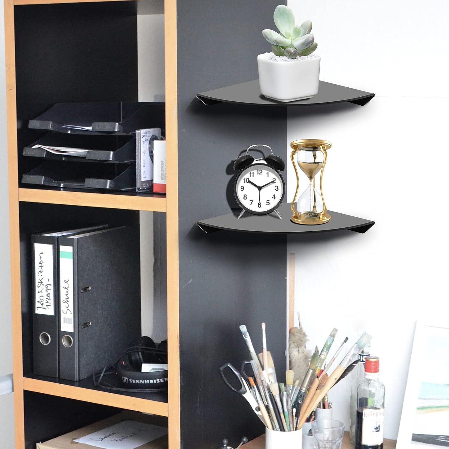 Cosmos 2 Pcs Acrylic Wall Mount Floating Corner Shelves Quarter Round Shower Shelf Hanging Corner Shelves Wall Storage Display Organizer for Bathroom Kitchen Bedroom Living Room (Solid Black)