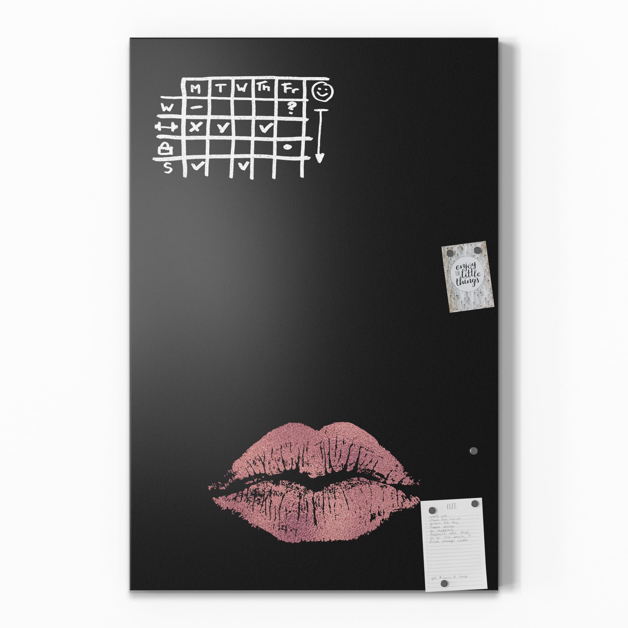 DEQORI Magnetyczna tablica do pisania kredą z nadrukiem UV | motyw "usta w kolorze różowym" | wzór prostokątny 60 x 90 cm | metalowa tablica kredowa do pisania – dekoracja ścienna do kuchni, korytarza