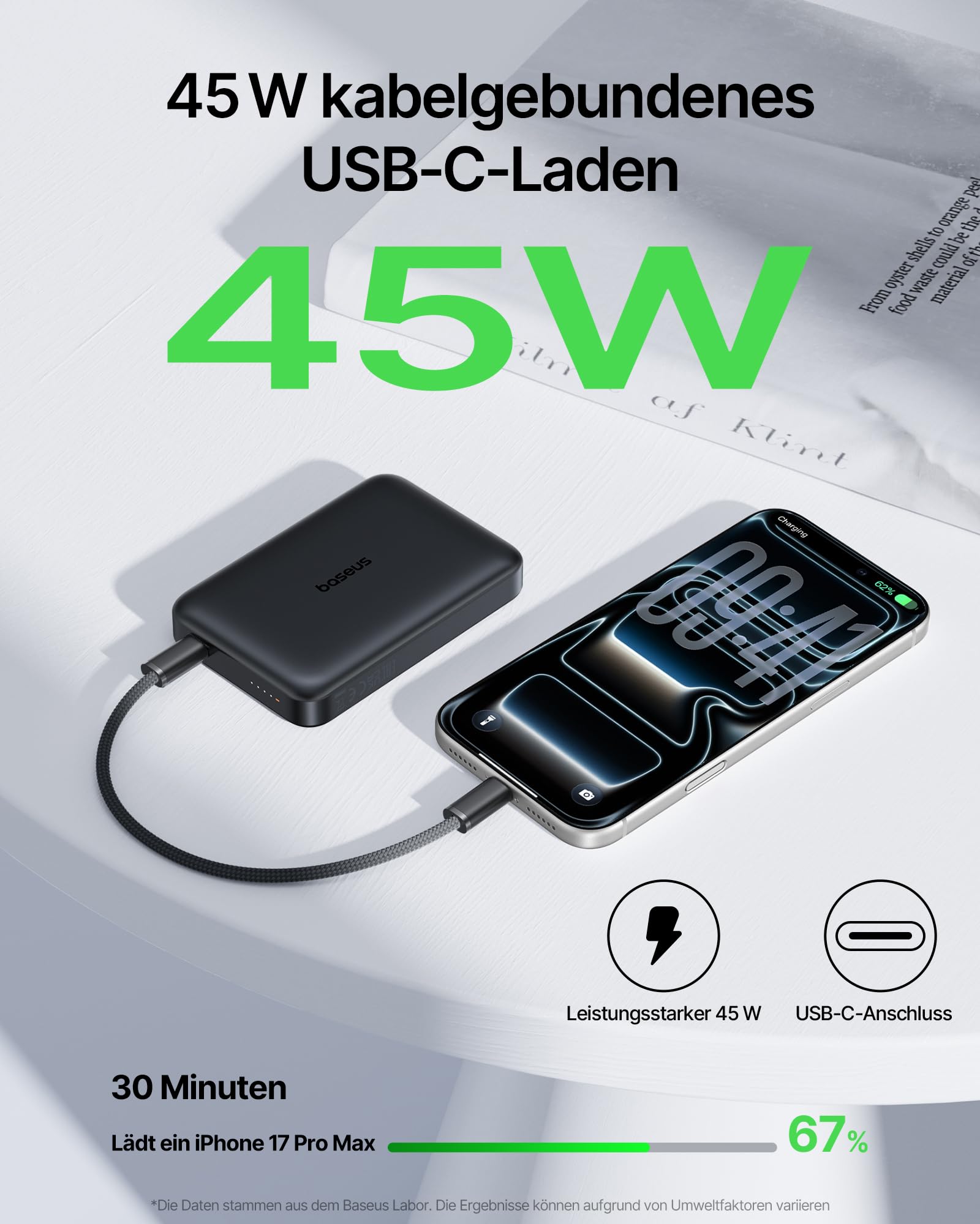 Baseus EnerFill FM21 Qi2.2 25W Magsafe Powerbank, 10000mAh Power Bank Magnetische, PD USB C 45W Schnellladung, Externer Akku Magnetic für iPhone 17 16 15 Pro Max