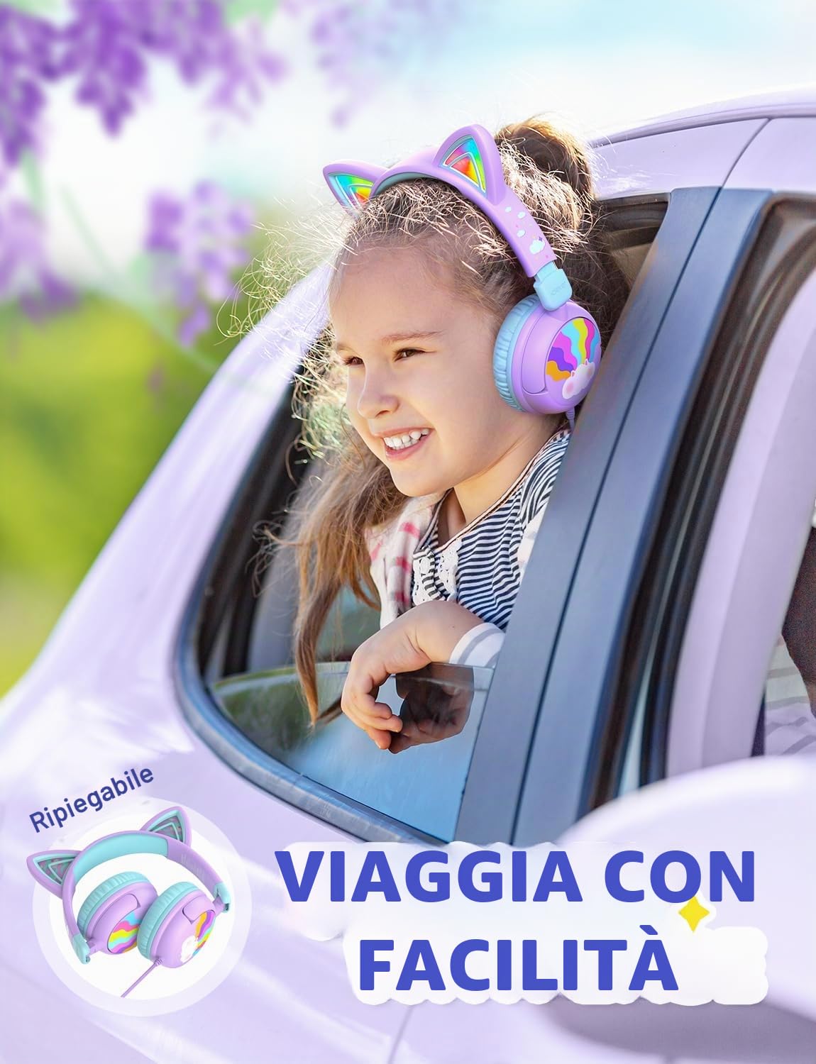 iClever Cuffie per Bambini, Orecchie da Gatt Illuminazione a LED, Volume Sicuro di 85dBA, Cuffie Bambina dal Suono Stereo, Pieghevoli con Cavo da 3.5 mm per iPad Tablet Viaggi Scuola