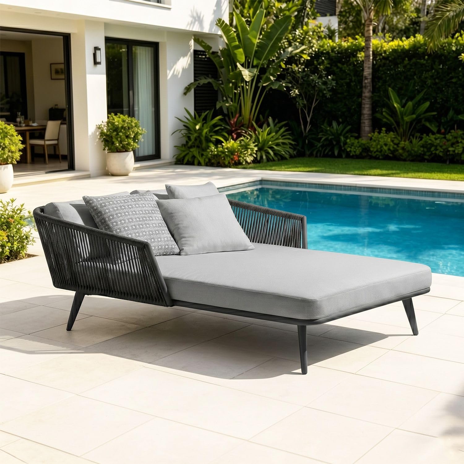 DEVOKO Outdoor Patio Rope Daybed Round Sofa Sunbed Swimming Pool Side, Round Sun Lounger, Garden, Terrace, Balcony, Rattan Rope Furniture Daybed (Black & Grey)