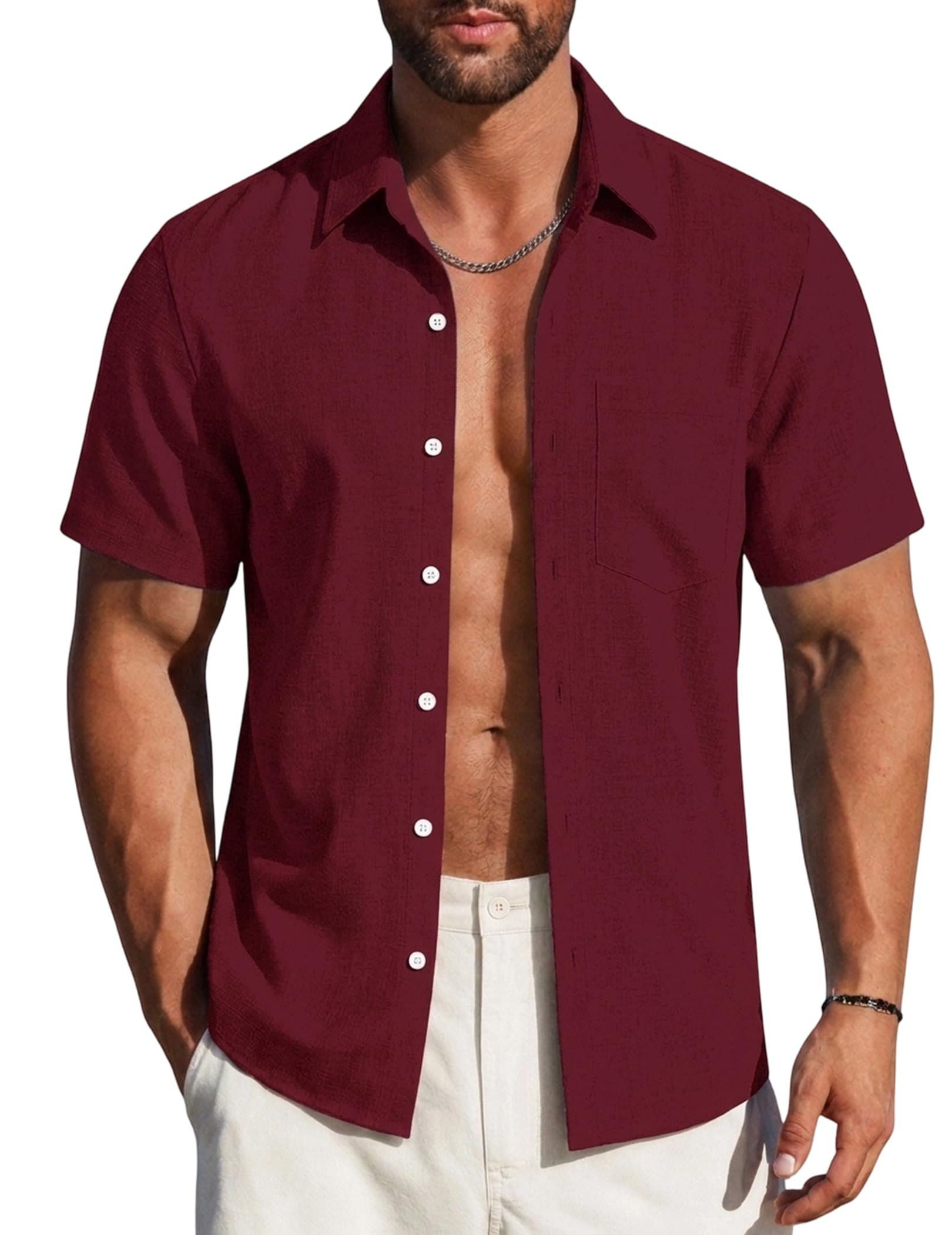 Mens Linen Look Shirt Short Sleeve Button Down Casual Beach Pocket Top