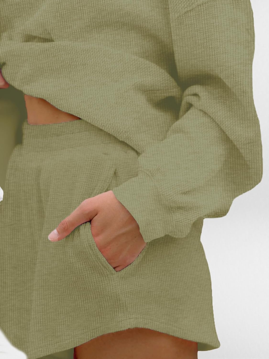 AnotherChill Women's Oversized Waffle Knit Lounge Set Long Sleeve Sweatshirt and High Waisted Shorts 2 Piece Casual Outfit - Image 5