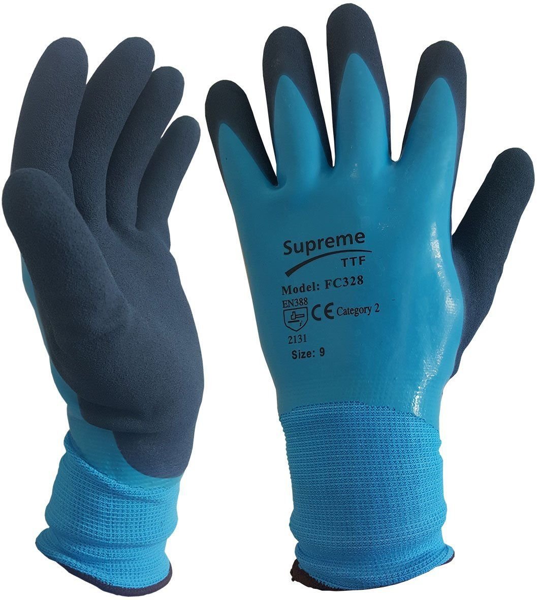 Blue Aqua Waterproof Fully Latex Coated Nylon Safety Work Gloves Builders Gardening (Large)
