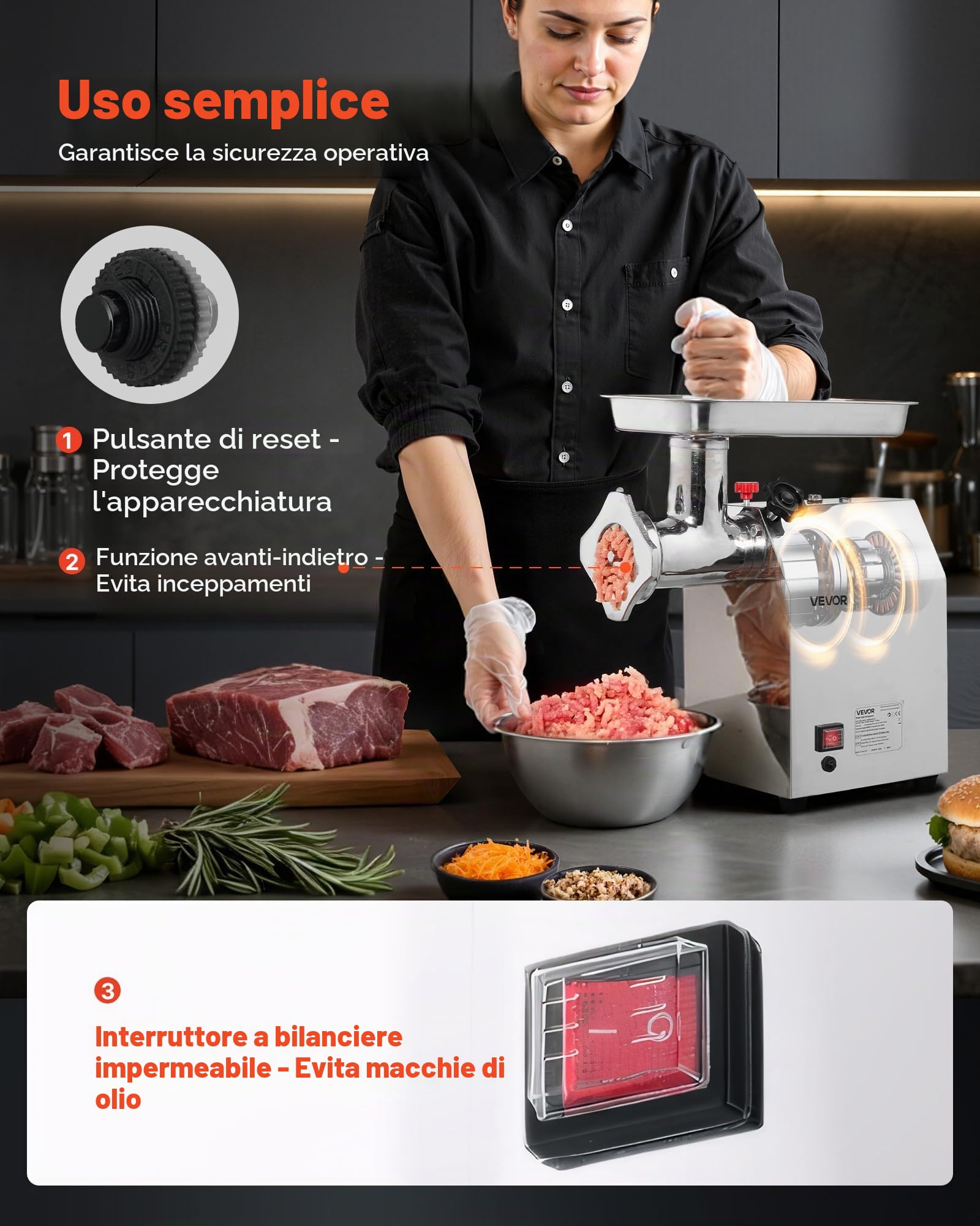 VEVOR Tritacarne Elettrico Capacità 4,17 kg/min, Tritacarne da Tavolo da 1100 W con Lama Piastra di Macinazione, Macchina per Salsicce Commerciale in Acciaio Inox per Cucina Ristorante Hotel