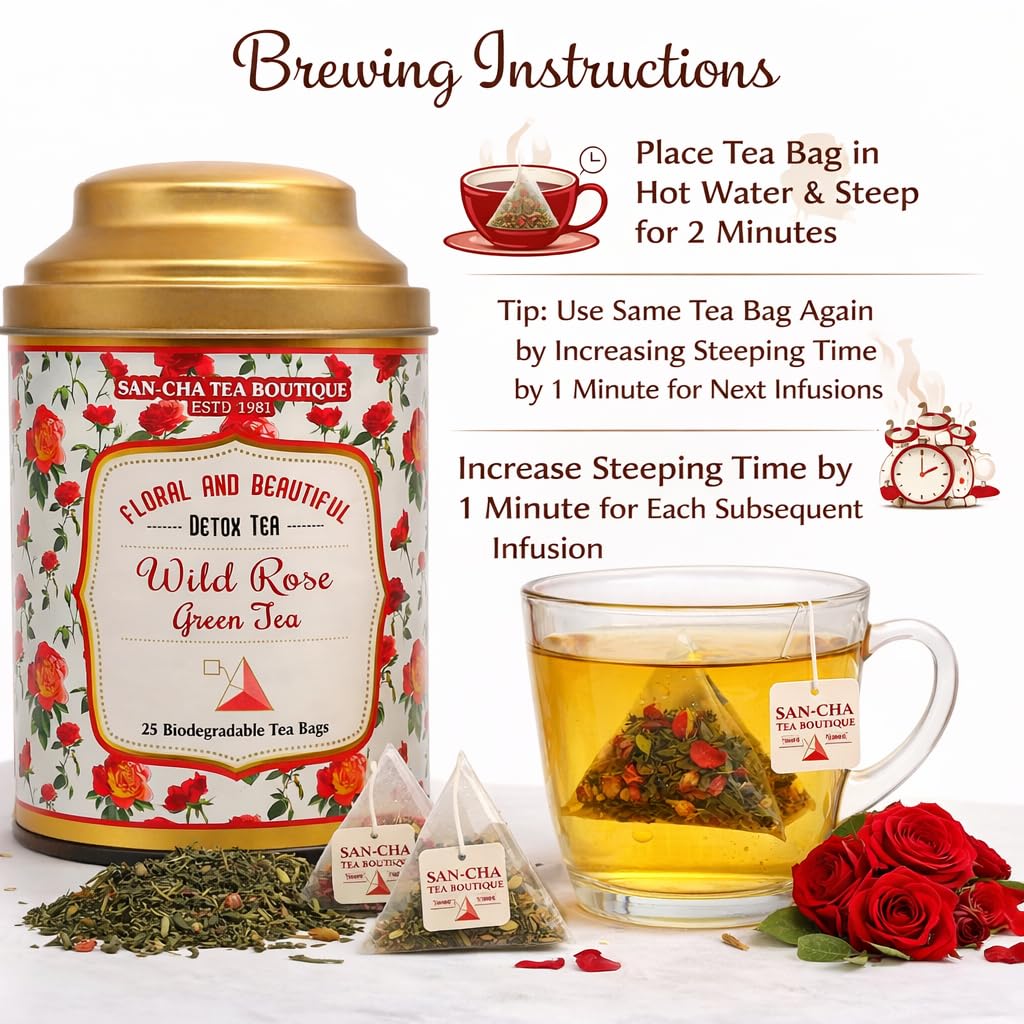 Sancha Tea Boutique, Wild Rose Green Tea, 25 Pyramid Tea Bags, Floral & Refreshing Blend with Real Rose Petals, Rainforest Alliance Certified — Amazon image 4