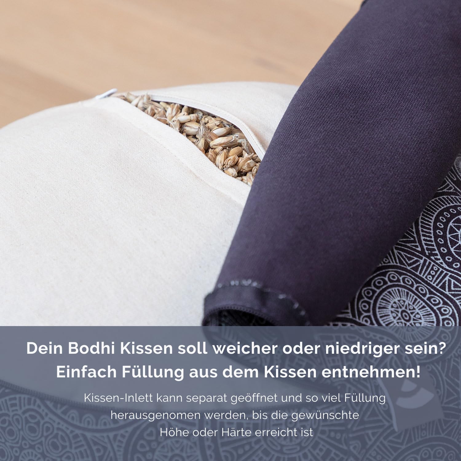 Bodhi Meditationskissen RONDO | Abnehmbarer Bezug aus 100% Baumwolle | Bio-Dinkelfüllung | Höhe 14-20 cm | Praktische Trageschlaufe | Maharaja Collection (Mineral Blue RAJA/silber-uni)