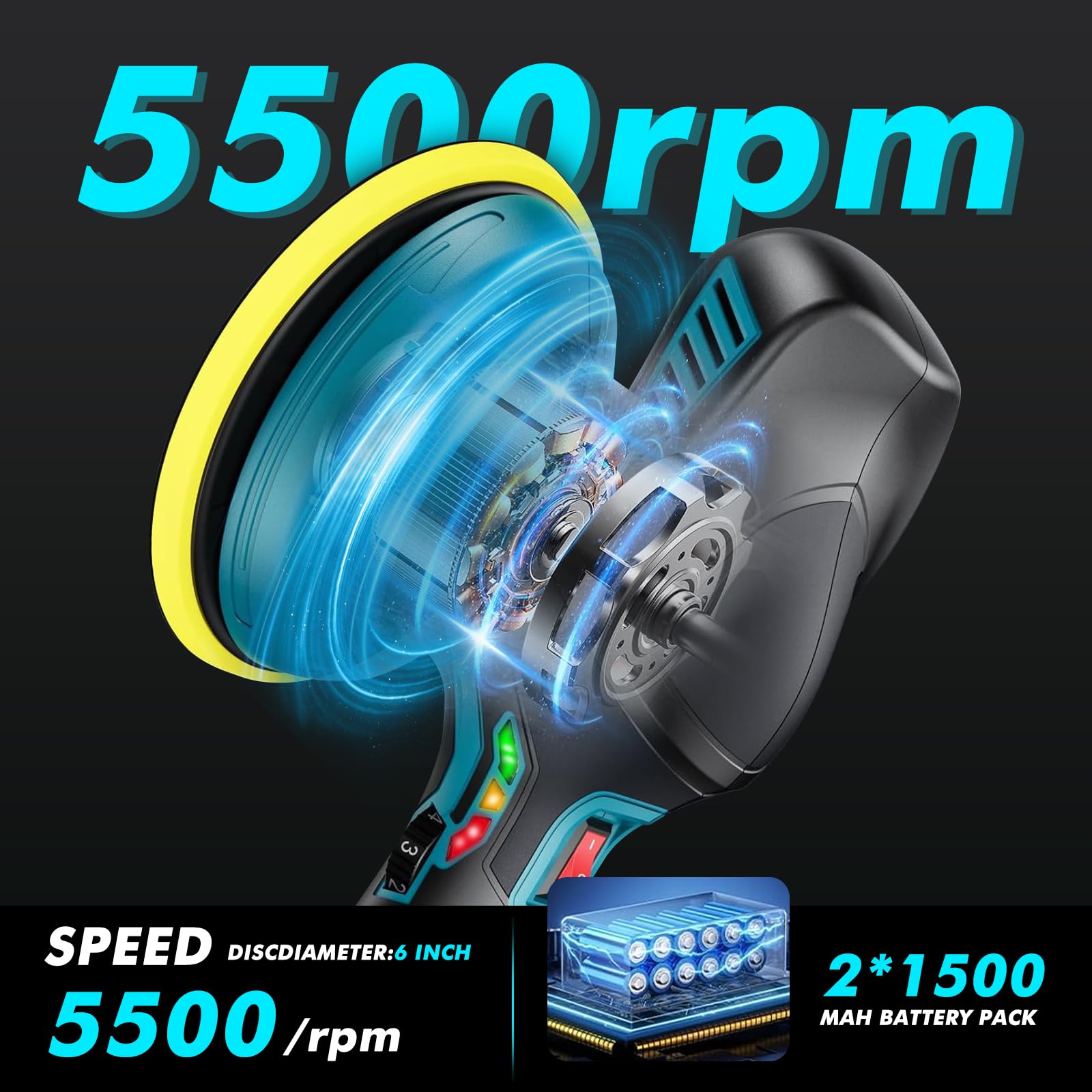 Lucidatrice Auto a Batteria, 2x21V 1500mAh 2800-5500RPM 6 Velocità lucidatrice per auto con Set Accessori per Auto Legno Metallo