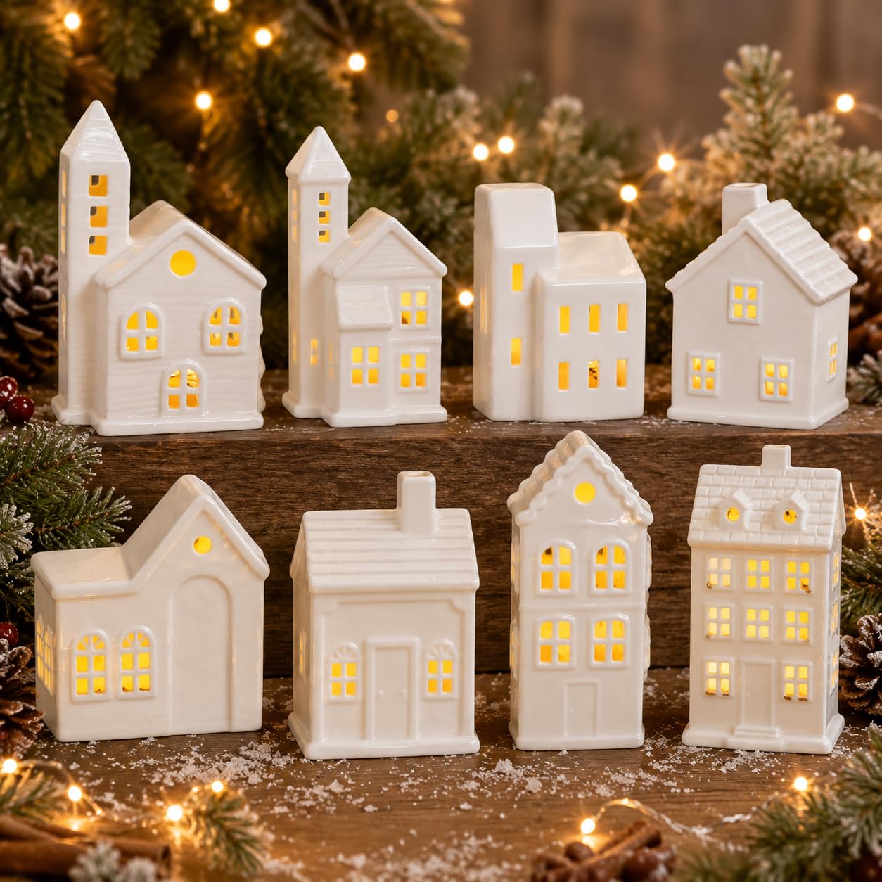 Set di 8 statuette di villaggio di Natale, in ceramica bianca, con luce LED, piccole statuette da tavolo in porcellana, decorazioni natalizie per vacanze invernali e mensole