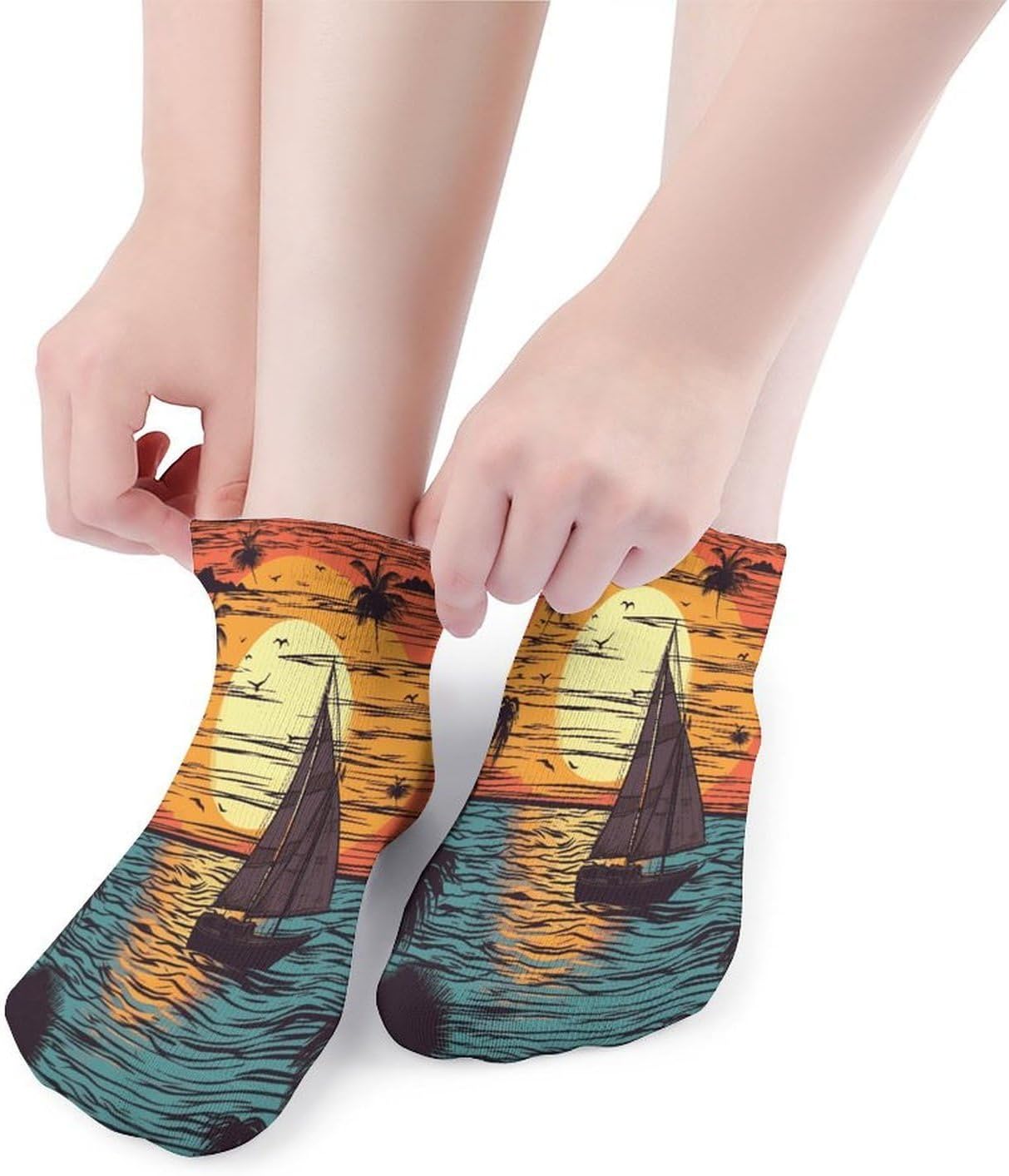 Sunset And Sailboat Ankle Sock,Cushioned Crew Socks Low Cut Compression Running Sock with Ankle Support for Men Women(5 Pairs)